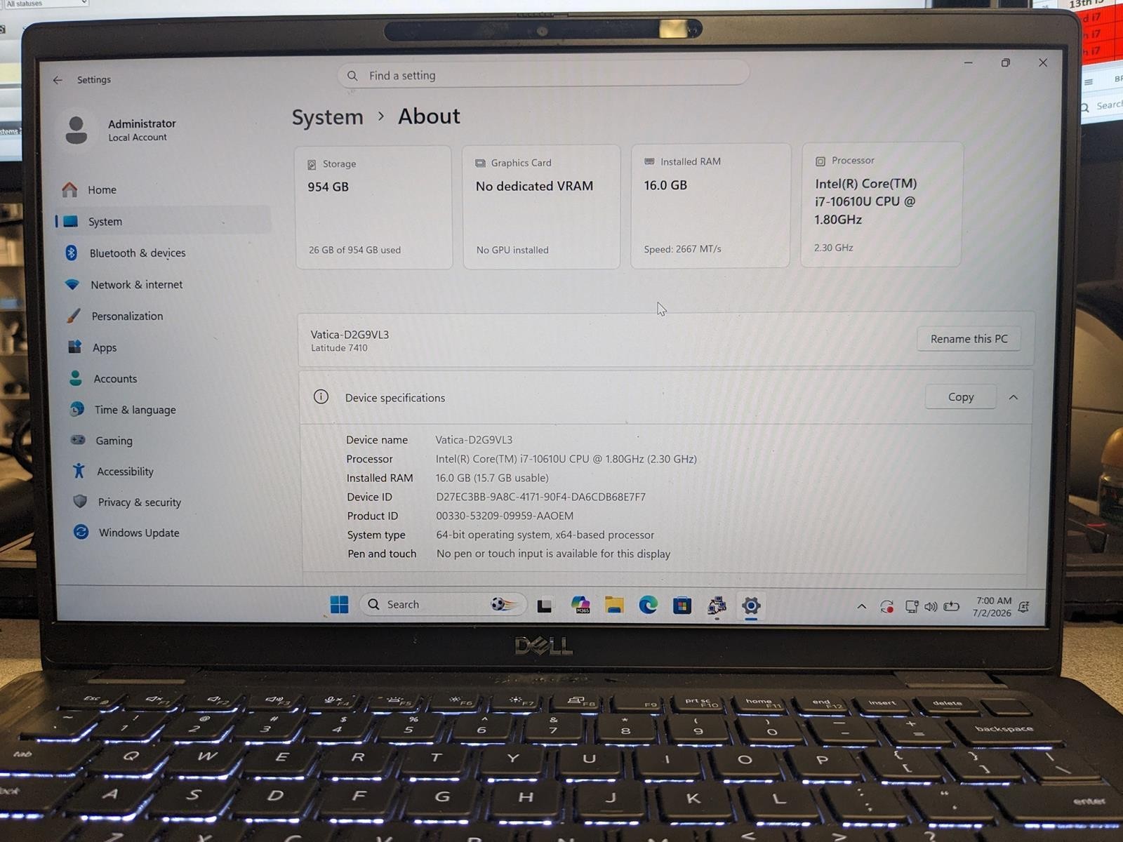DELL LATITUDE 7410 i7-10610U @ 1.80GHz, 16GB RAM, NO HDD/OS