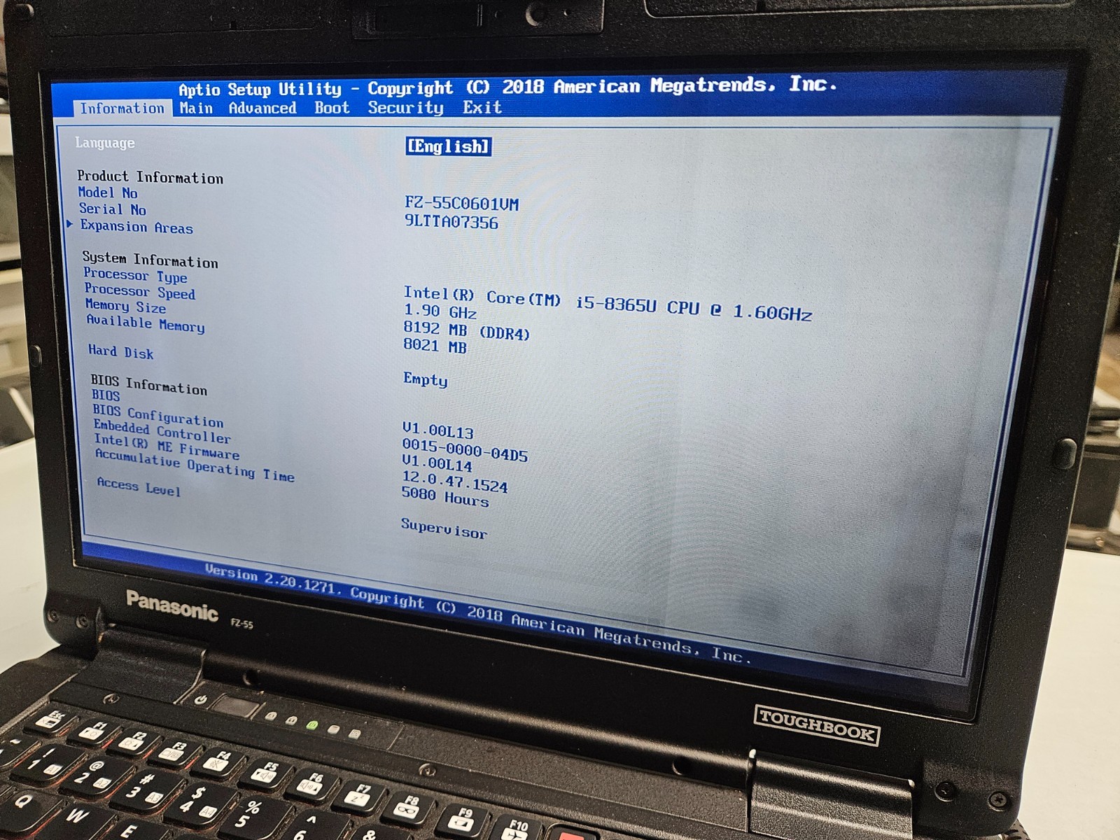 Panasonic Toughbook FZ-55 Intel Core i5-8365U 8GB RAM -BOOT TO BIOS AS IS