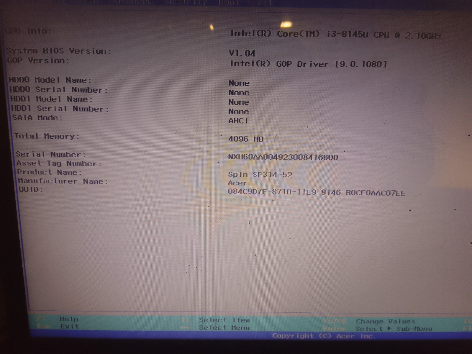 Acer Aspire Spin 3 series 15.6” Core i3-8145U @ 2.1GHz 4GB RAM no HDD