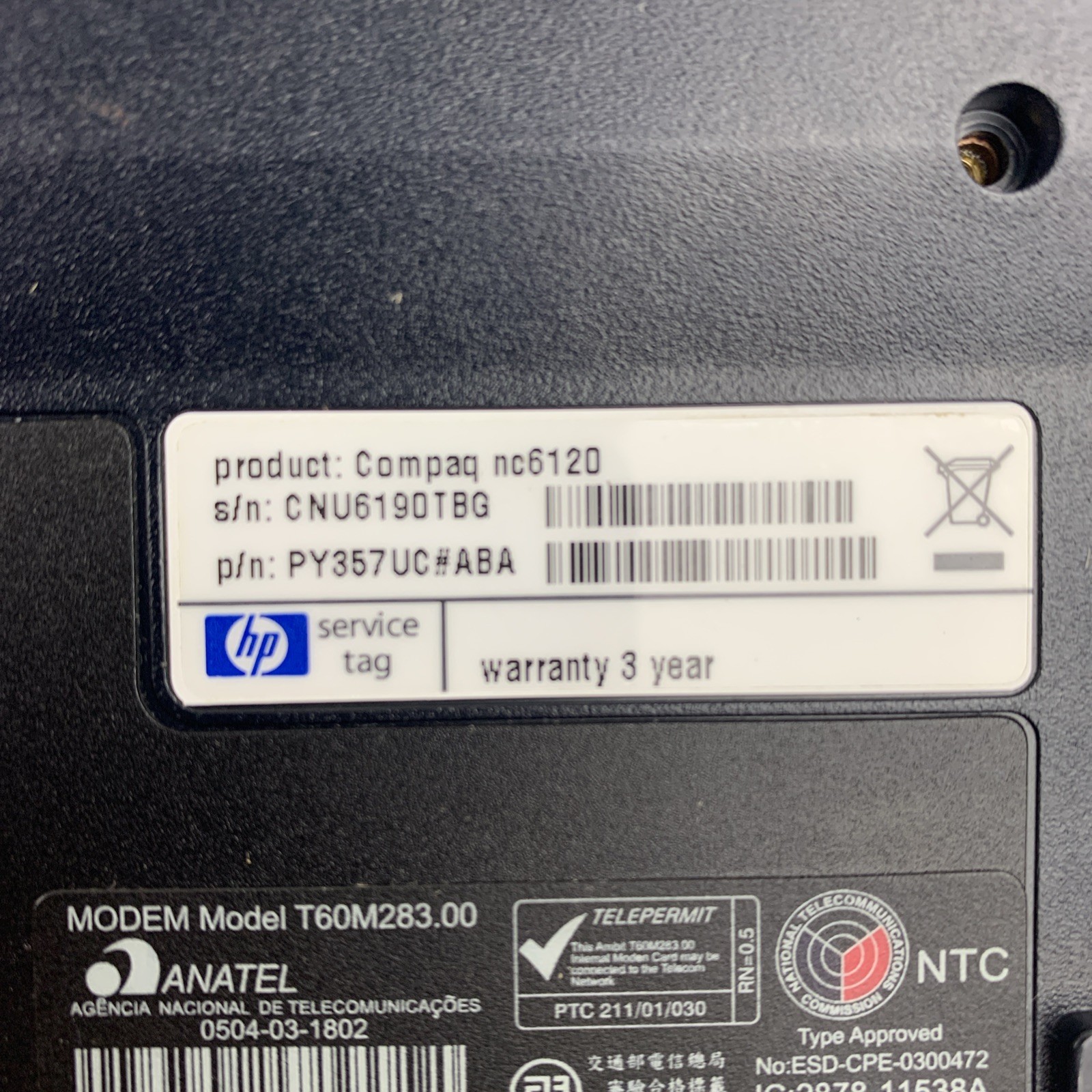 HP Compaq NC6120 Intel Celeron M 1.50GHz 512MB RAM 15″ No Battery No HDD No OS