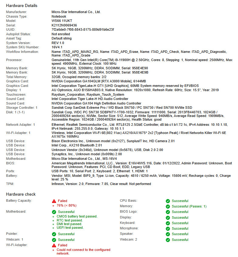 MSI WS66 11UKT Laptop, i9-11900H. @ 2.50GHz, 32GB RAM, 1TB NVMe-No OS/Charger