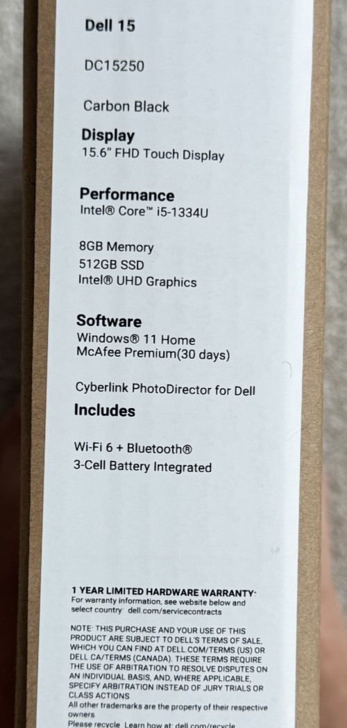 Dell 15 DC15250 15.6” FHD Touch Laptop i5-1334U 8GB 512GB SSD Black New
