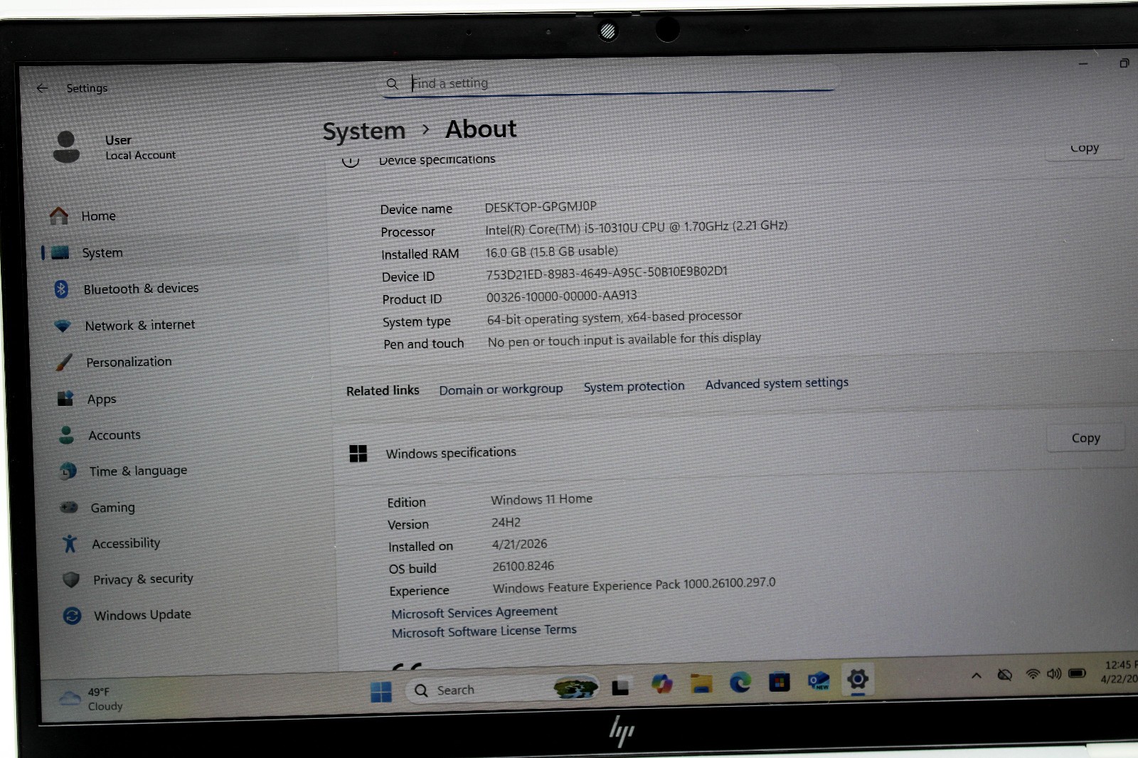 HP EliteBook 830 G7 _ i5-10310U @ 1.7 _ 16GB RAM _ 256GB SSD _ Win11H