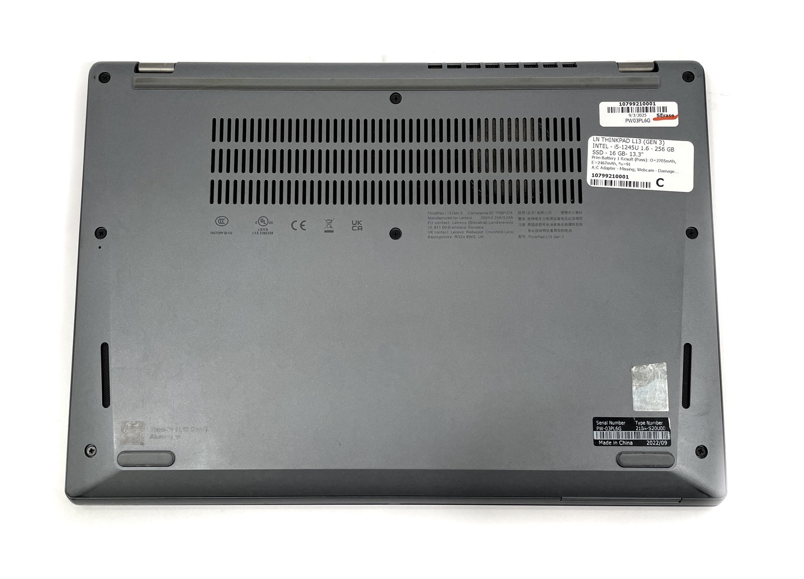 Lenovo ThinkPad L13 Gen 3 Laptop i5-1245U 1.6GHz 256GB SSD 16GB RAM NO OS