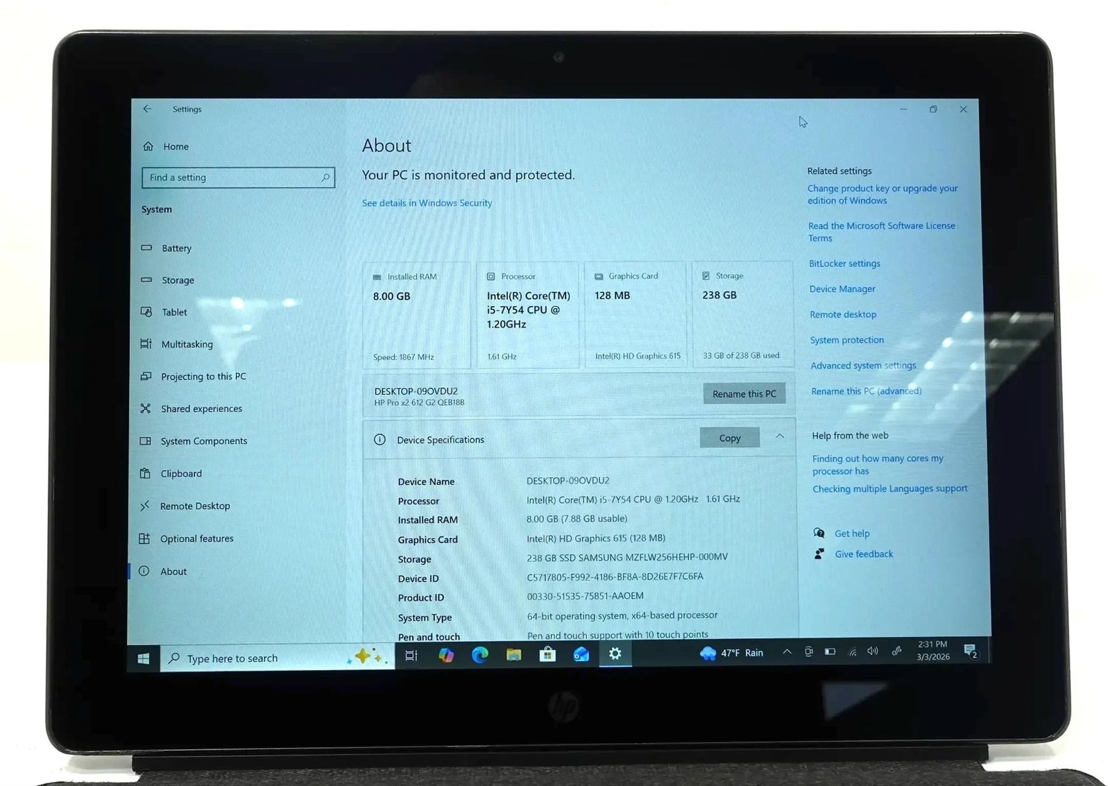 HP Pro X2 612 G2 Tablet Core i5-7Y54 1.20GHz 8GB 256GB SSD