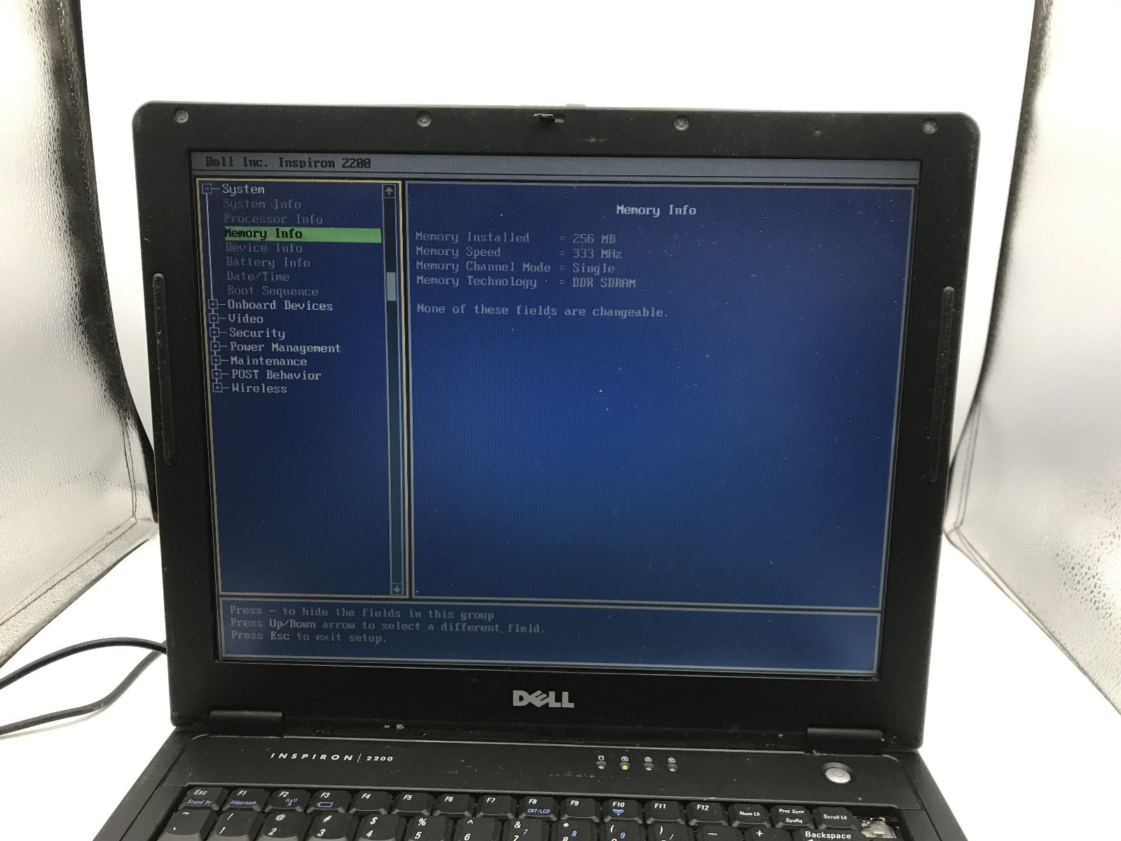 DELL INSPIRON 2200 – BOOTS TO BIOS – INTEL CELERON – 256MB RAM – NO OS -READ- BB