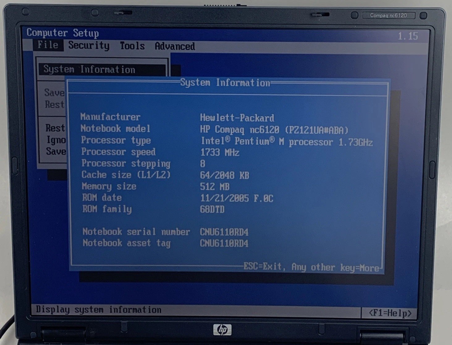HP Compaq NC6120 Intel Pentium-M 1.73GHz 512MB RAM 15″ No Battery No HDD/OS