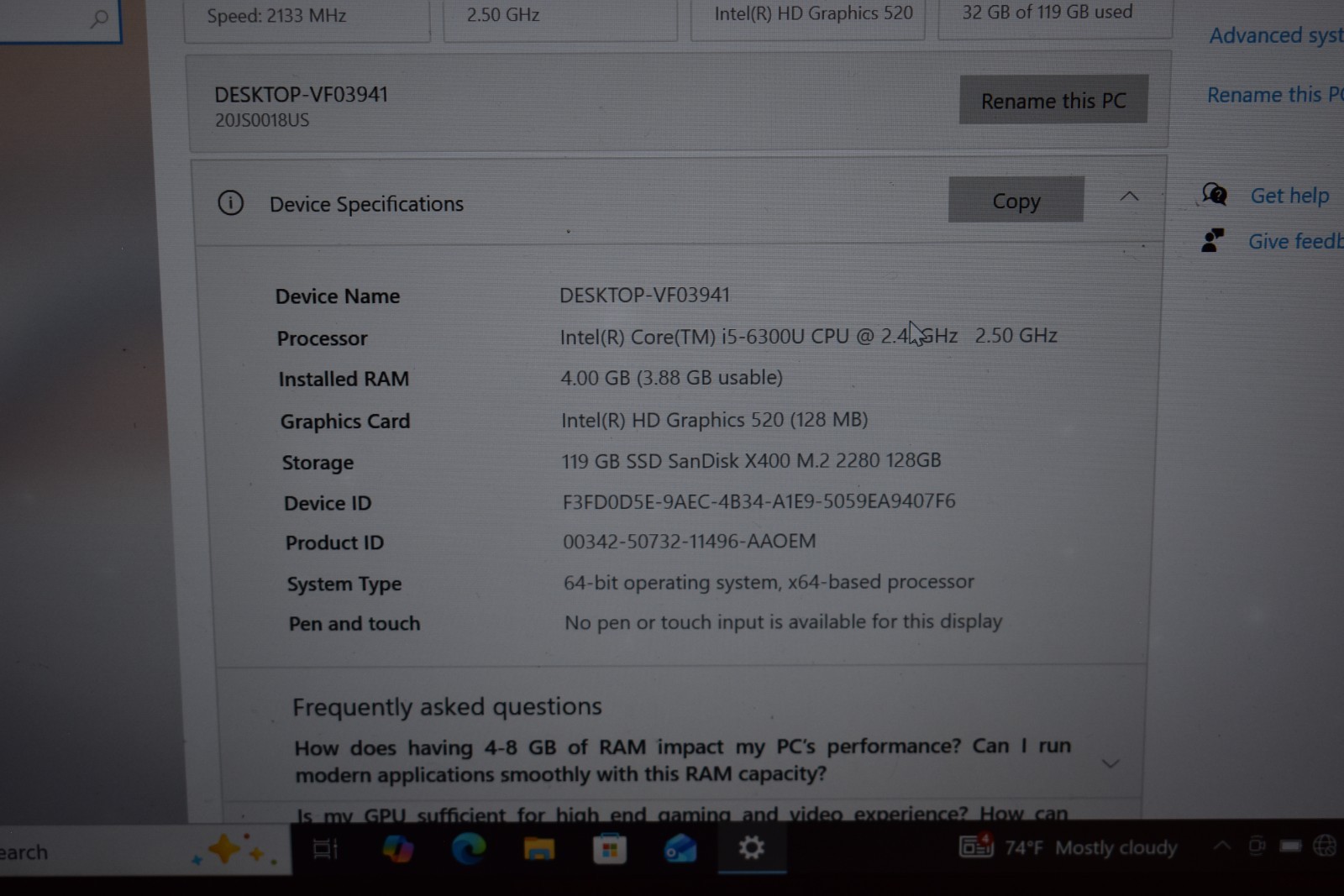 Lenovo ThinkPad T470s Core i5-6300U 2.4GHz 4GB 128GB SSD Windows 10 Pro Webcam
