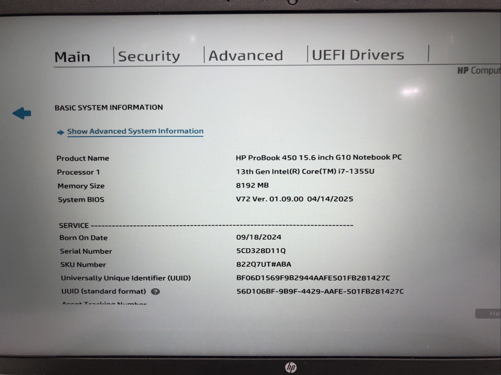 HP ProBook 450 G10, Intel Core i7-1335U @1.30Ghz, 8GB RAM, NO SSD/OS, Tested!