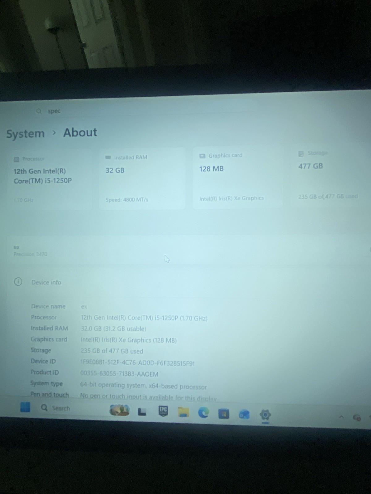 Dell Precision 3470 14″ i5-1250P 32GB RAM 477GB SSD Win11 Silver