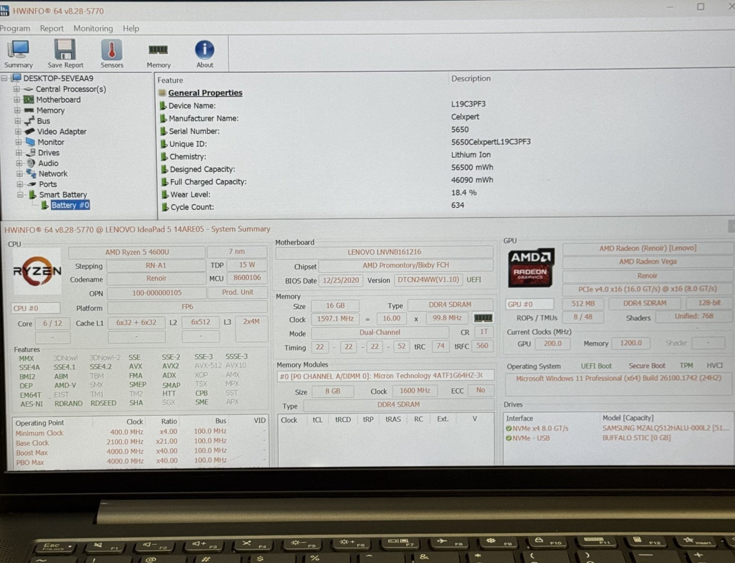 Lenovo IdeaPad 5 15ARE05 Ryzen 5 4500U @2.30Ghz 16GB RAM 512GB SSD Win11H #TP57