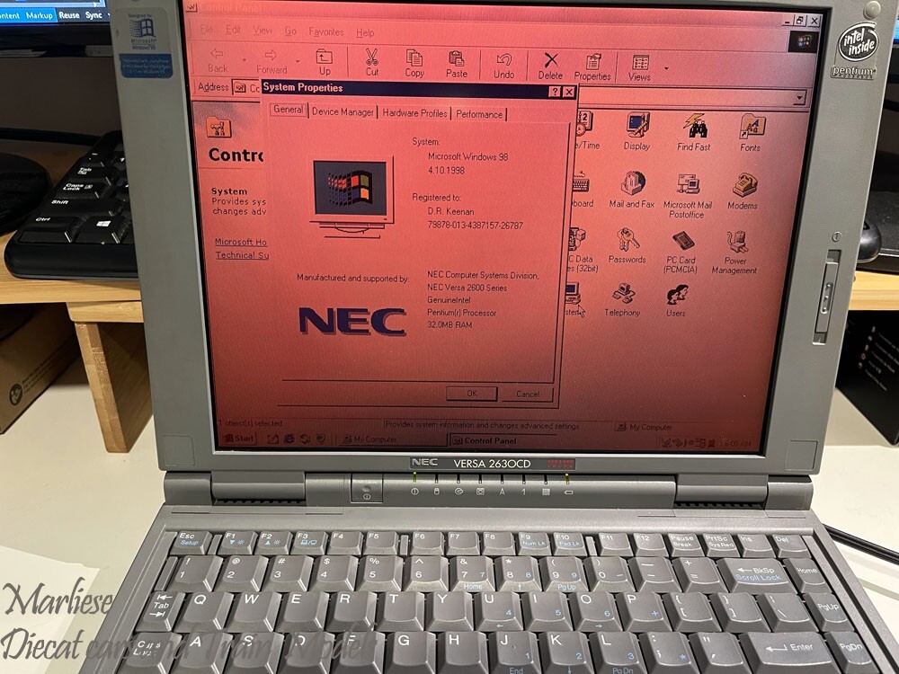 NEC VERSA 2630CD Laptop Pentium 133, 32MB RAM, 2GB HDD, Win 98 w/ Original PSU