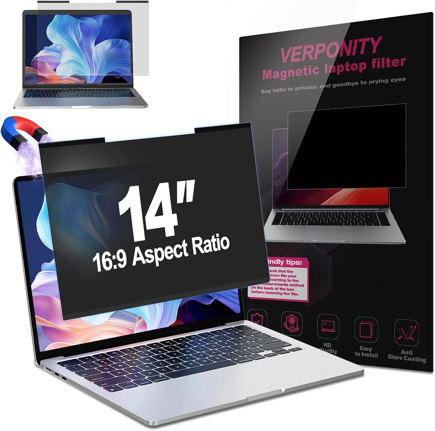 Magnetic Laptop Privacy Screen 14 Inch 16:9 Display, Removable Computer Shield