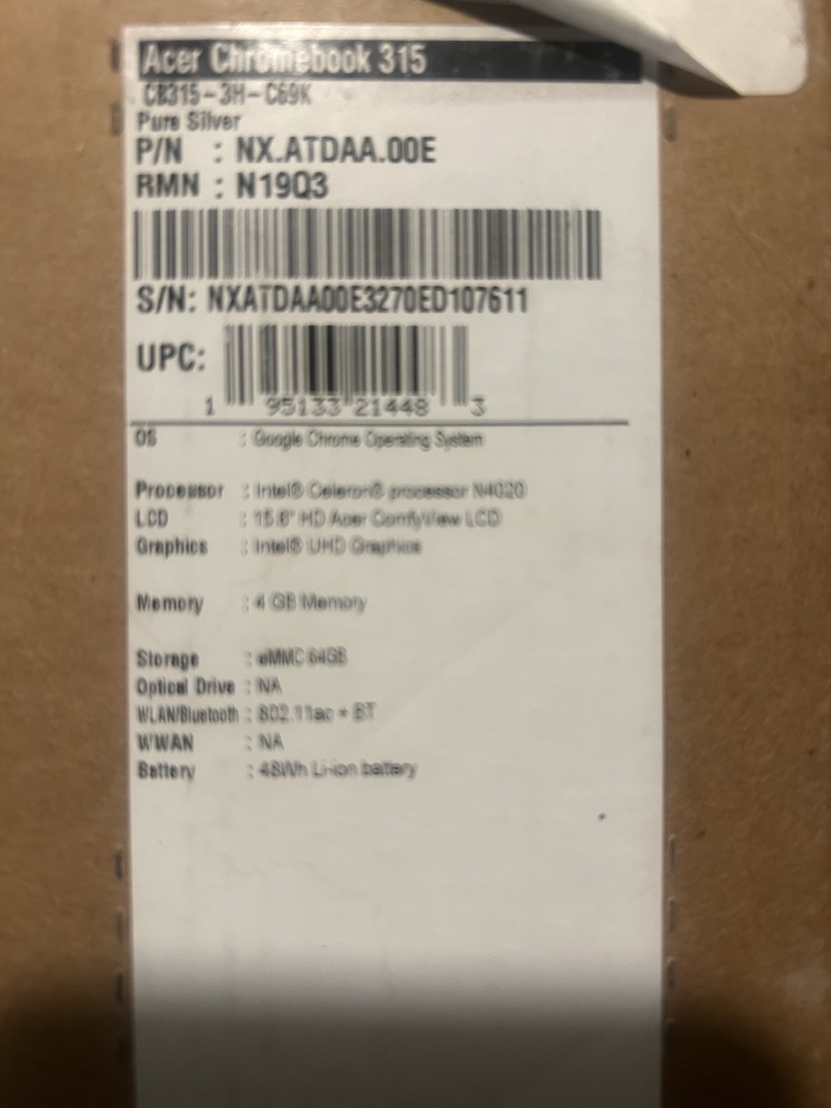 Acer Chromebook 315 15.6″(64GB, Intel Celeron N4020,1.1 GHz, 4GB RAM)Brand New!