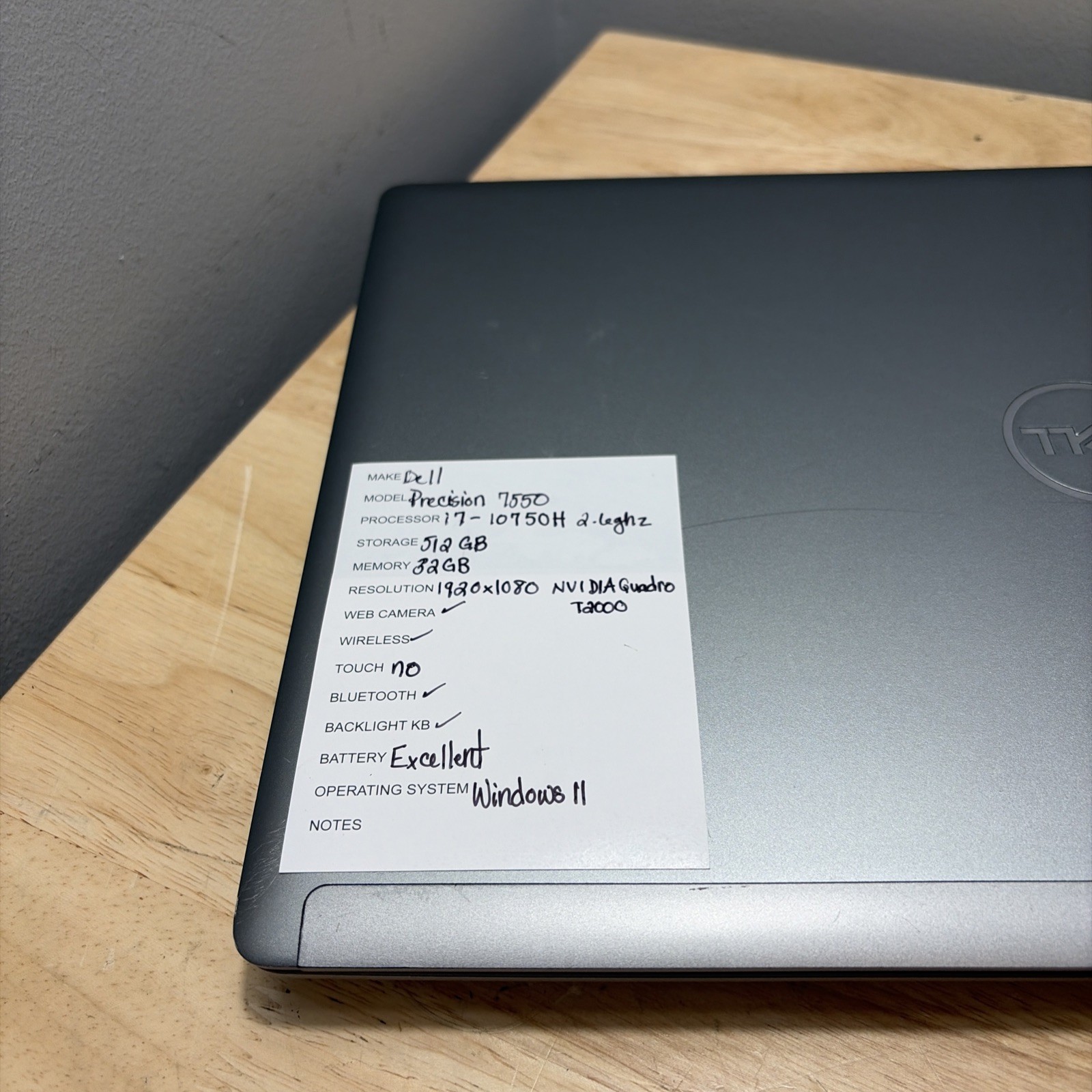 Dell Precision 7550 i7-10750H 2.60GHZ, 512GB SD 32GB NVidia T2000 WCamW11 Cord