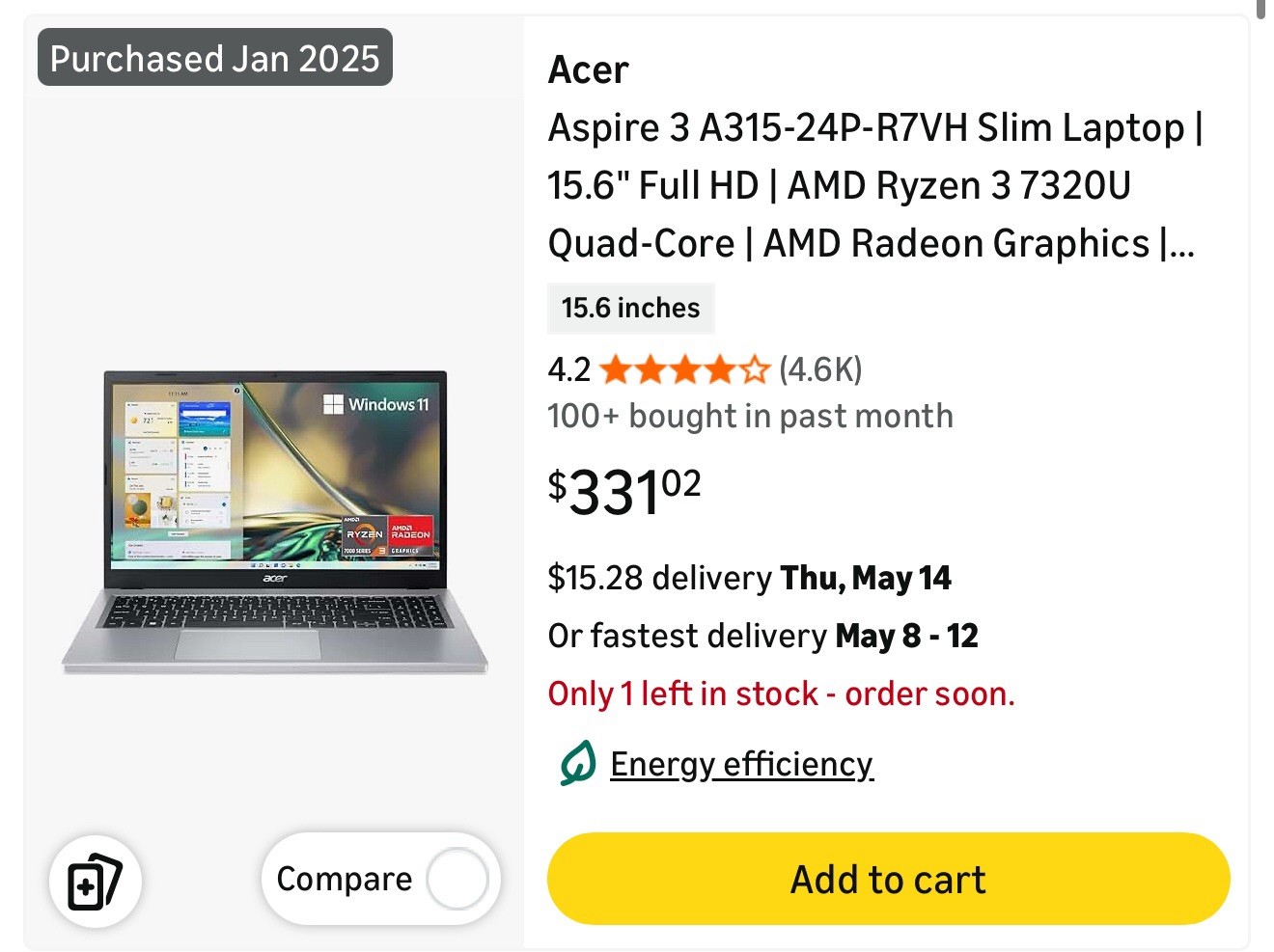 Acer Aspire A315-24P 15.6″ Ryzen 3 7320U 8GB 256GB SSD Win 11 Silver