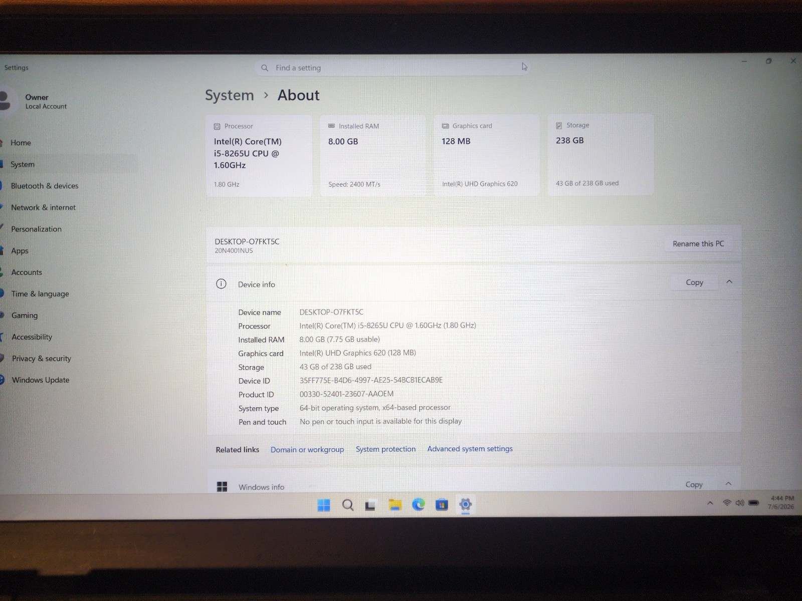 Lenovo ThinkPad T490 | i5-8265U | 8GB RAM | 256GB SSD | WIN 11 PRO Laptop (011)