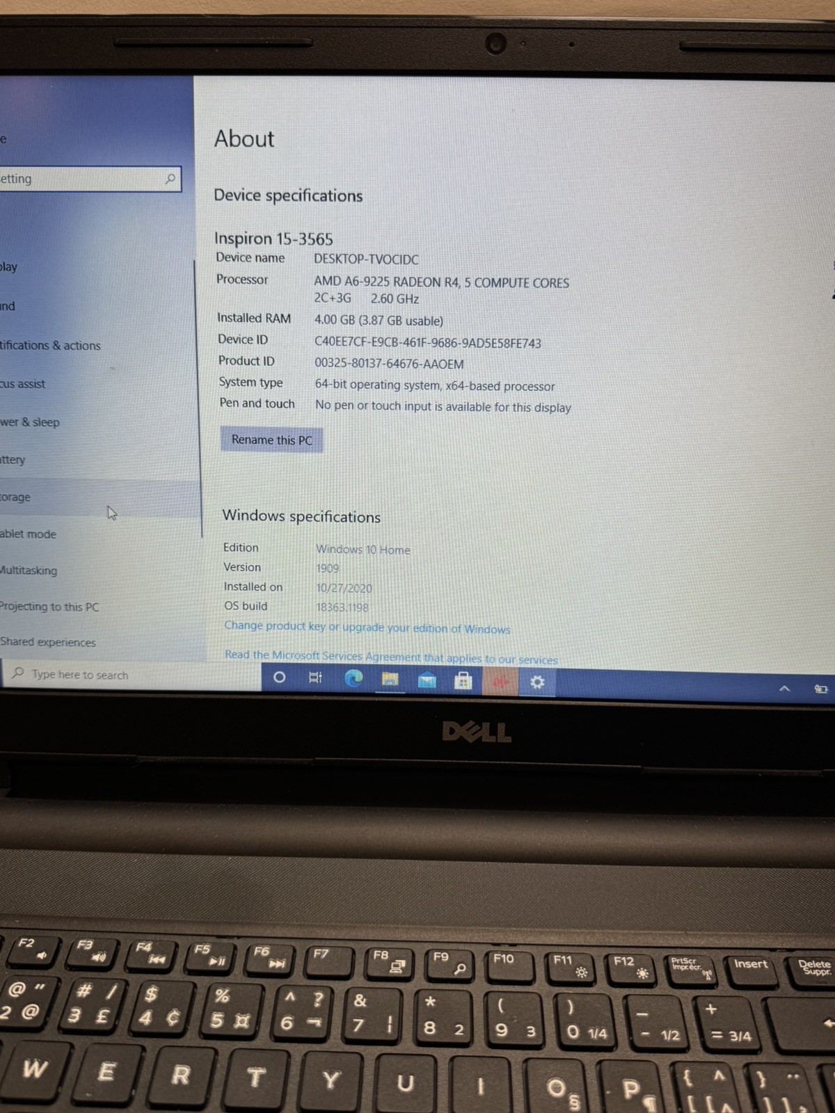 Dell Inspiron 15-3565/Amd A6-9225 2.60 ghz/4gb/1TB/Windows 10 Home No Power Cord