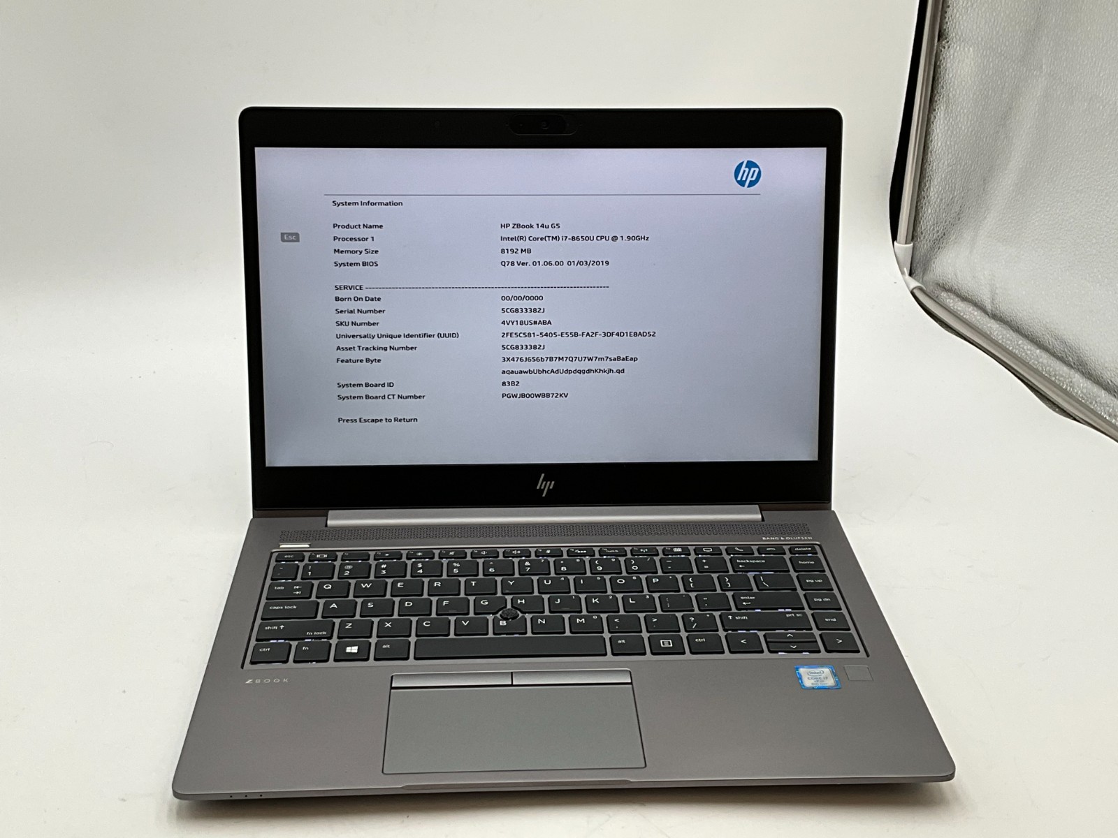 HP ZBook 14u G5 4VY18US i7-8650U 1.90G 8GB no os NVMe LAPTOP 5CG833382J