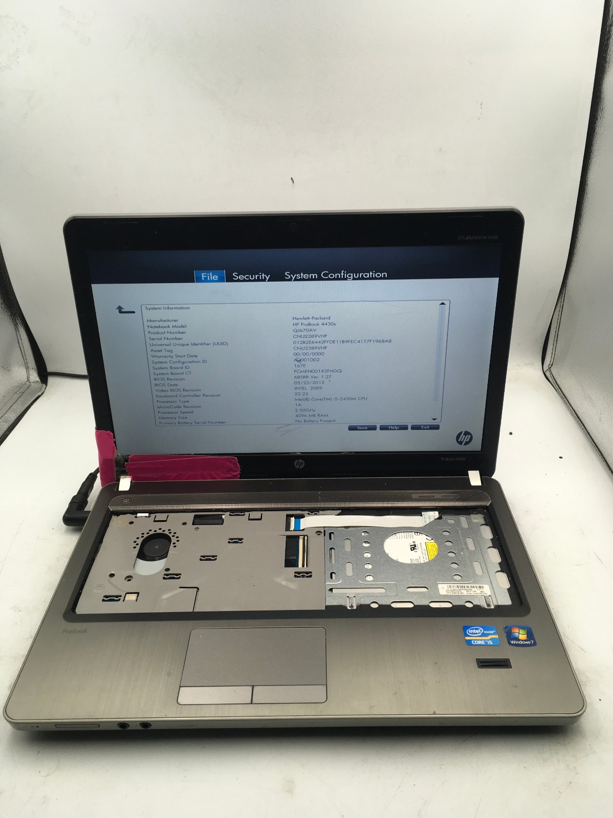 HP PROBOOK 4430S – BOOTS TO BIOS – INTEL I5 2450M – NO RAM – NO OS – READ – BB!!