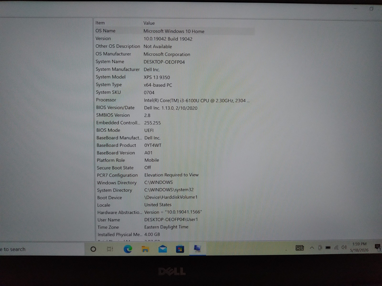 Dell XPS 13 9350, Intel Core i3-6100U @ 2.3GHz, 4GB RAM, 128GB NVMe SSD, W10Home