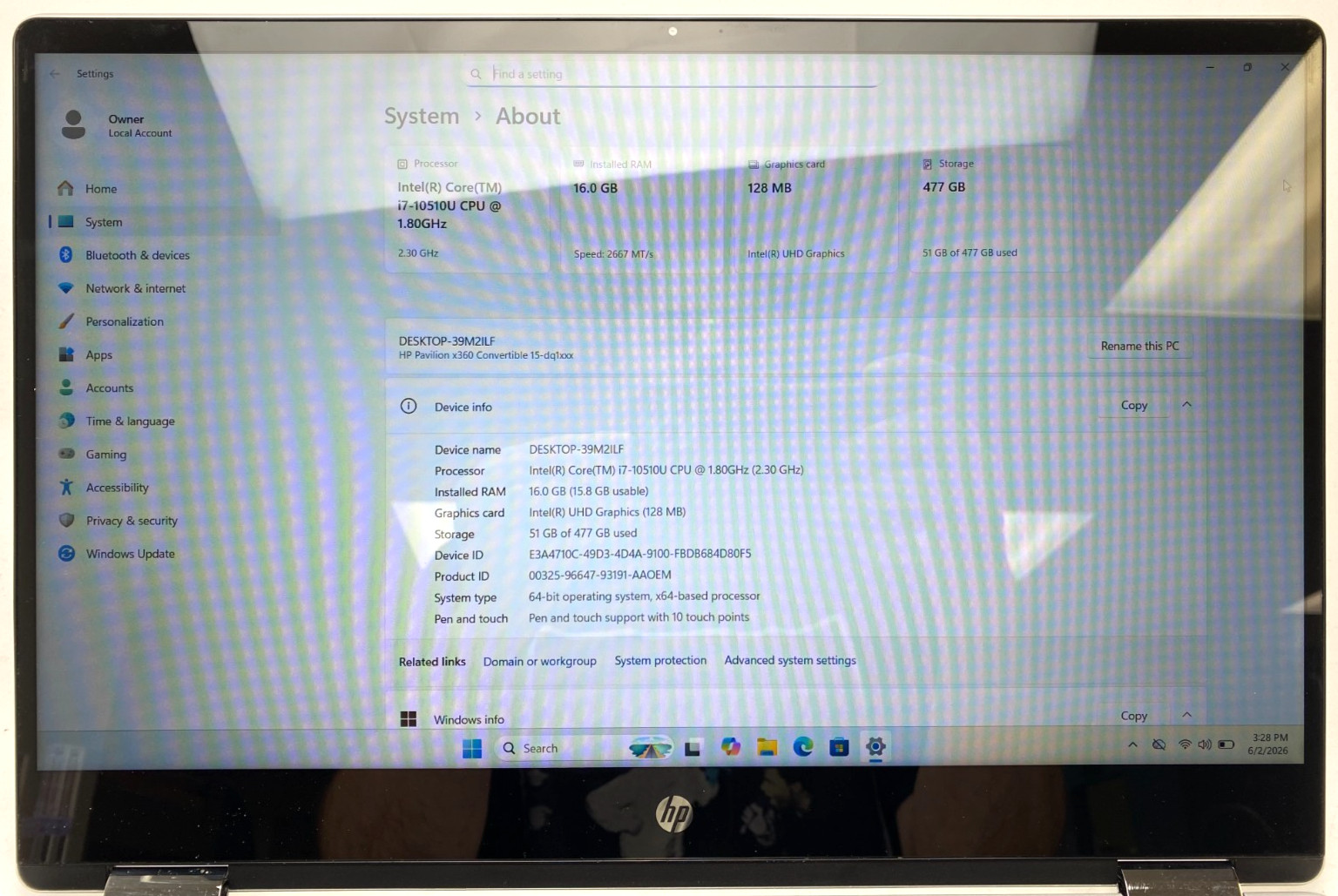HP PAVILION X360 15-DQ100 15.6″ FHD TOUCH I7-10510U 16GB 512GB SSD WIN11H + ADPT