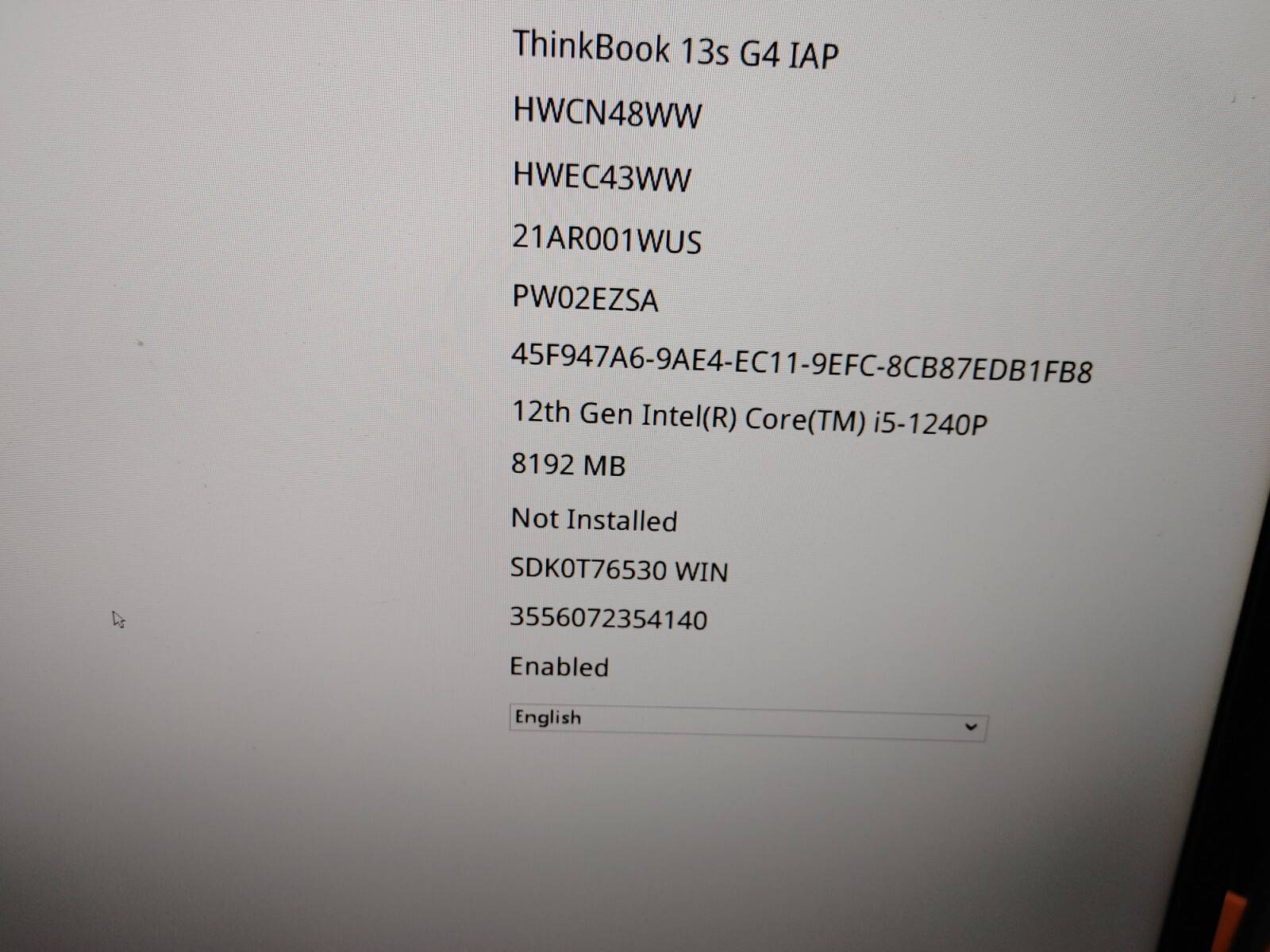 Lenovo ThinkBook 13s G4 Core i5-1240P @ 2.11GHz, 8GB RAM, NO SSD ,FOR PARTS / Re