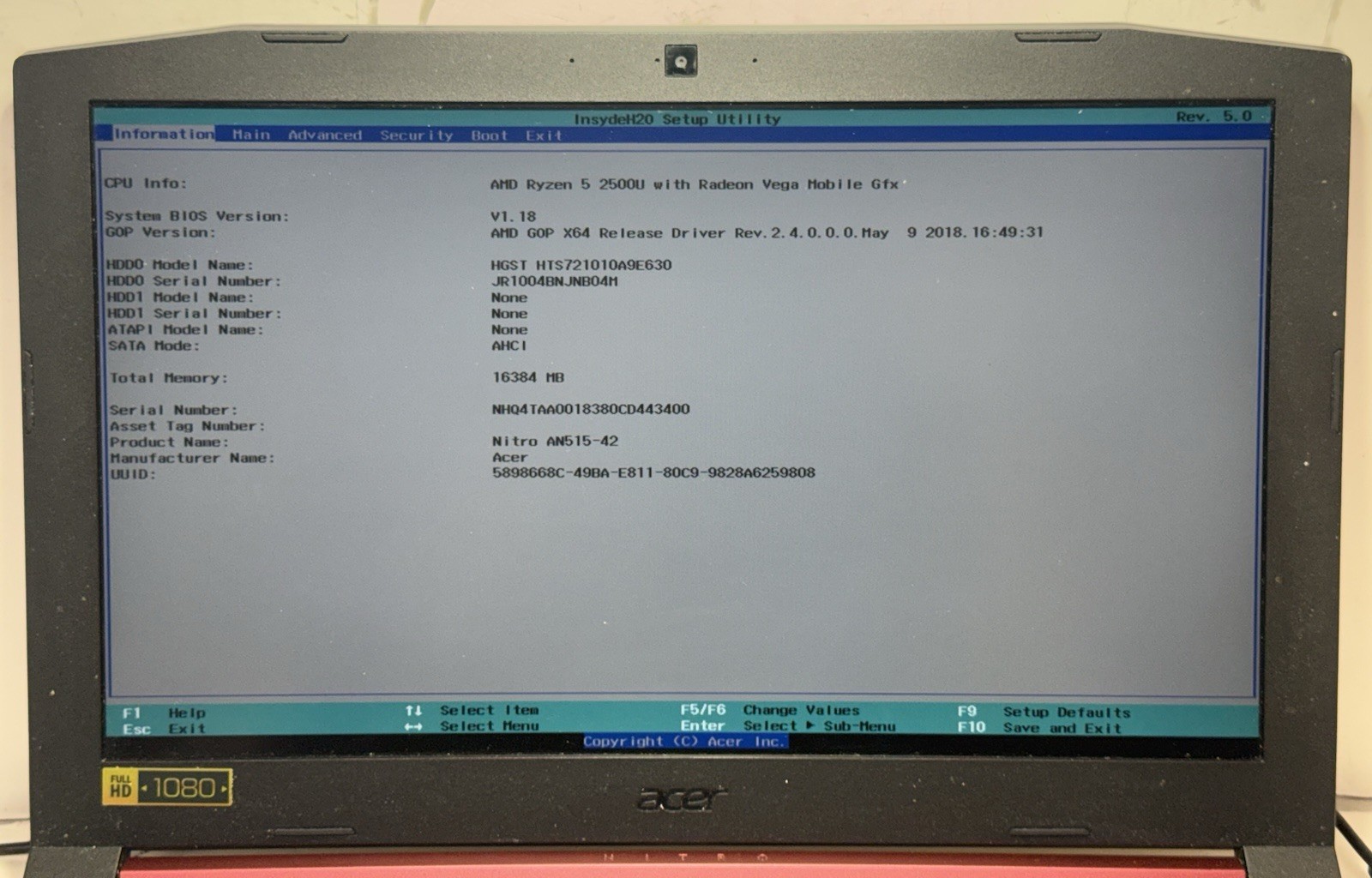 Acer Nitro 5 AN515-42 Gaming Laptop Ryzen 5 2500U 16GB RAM 1TB HDD RX560X 15.6″