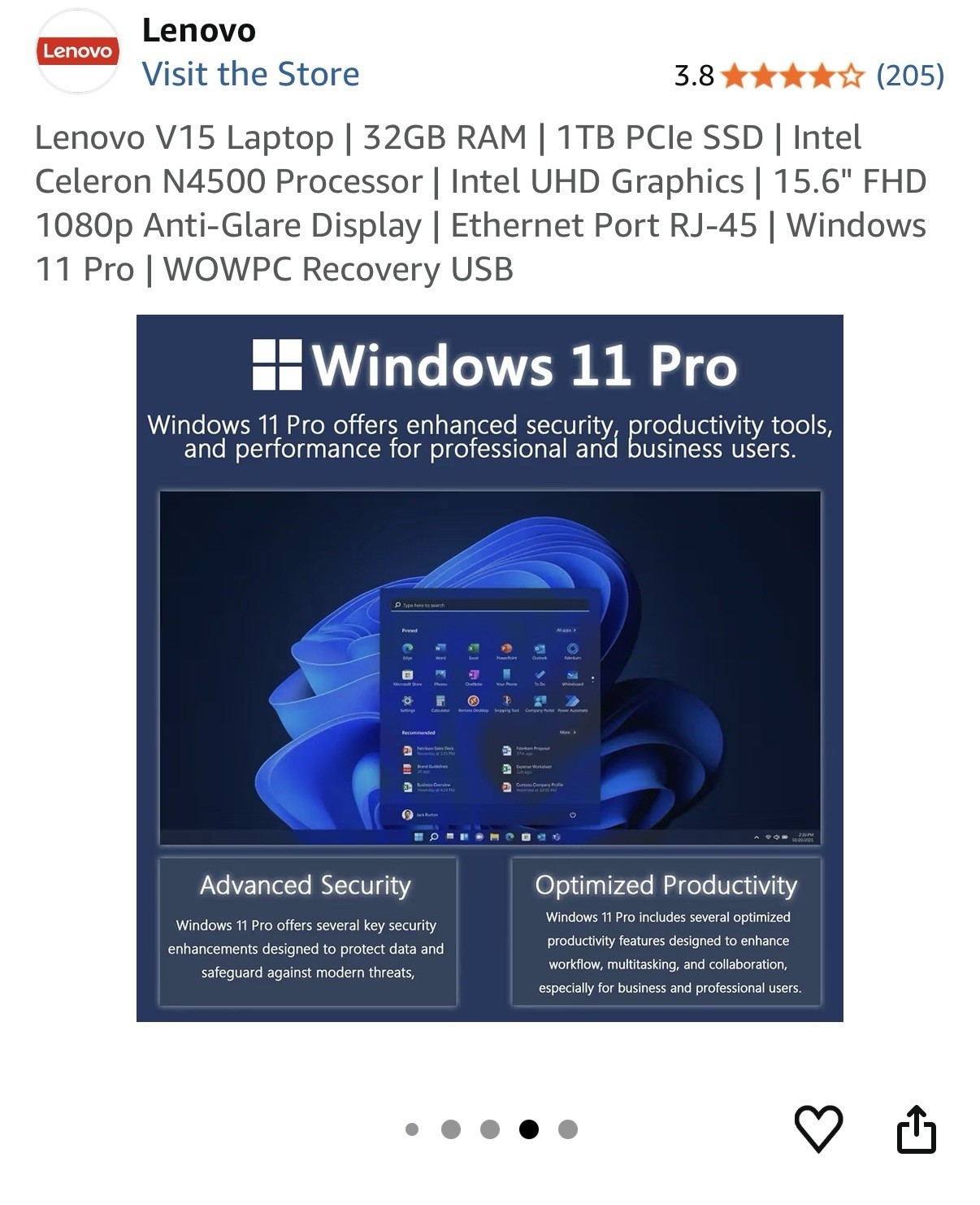 Lenovo V15 Laptop 15.6″ Intel Celeron N4500 32 GB RAM 1TB PCle SSD Black