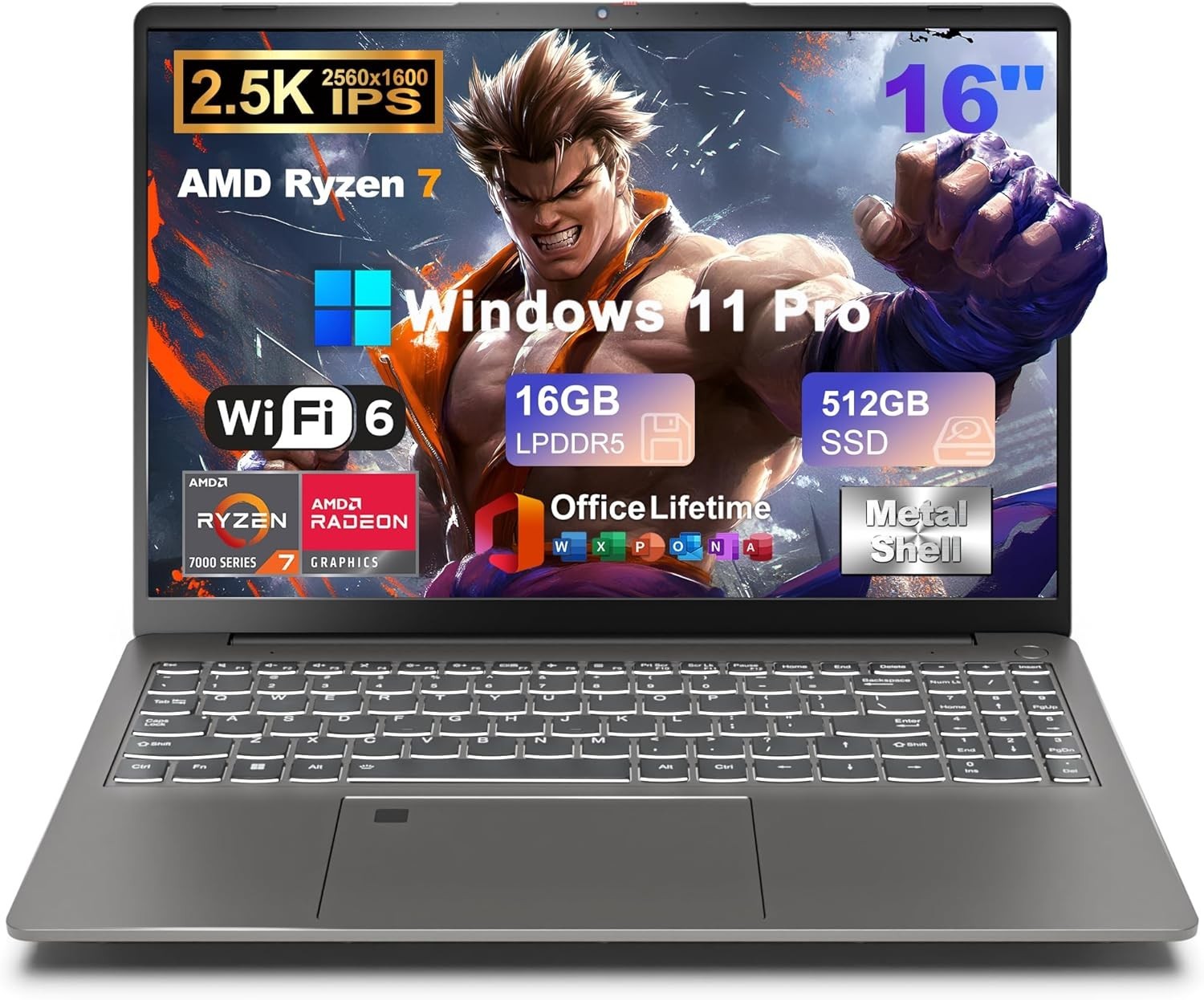 Gaming Laptop 16GB DDR5 512GB SSD 16″ AMD Ryzen7 Win11 Pro Backlit