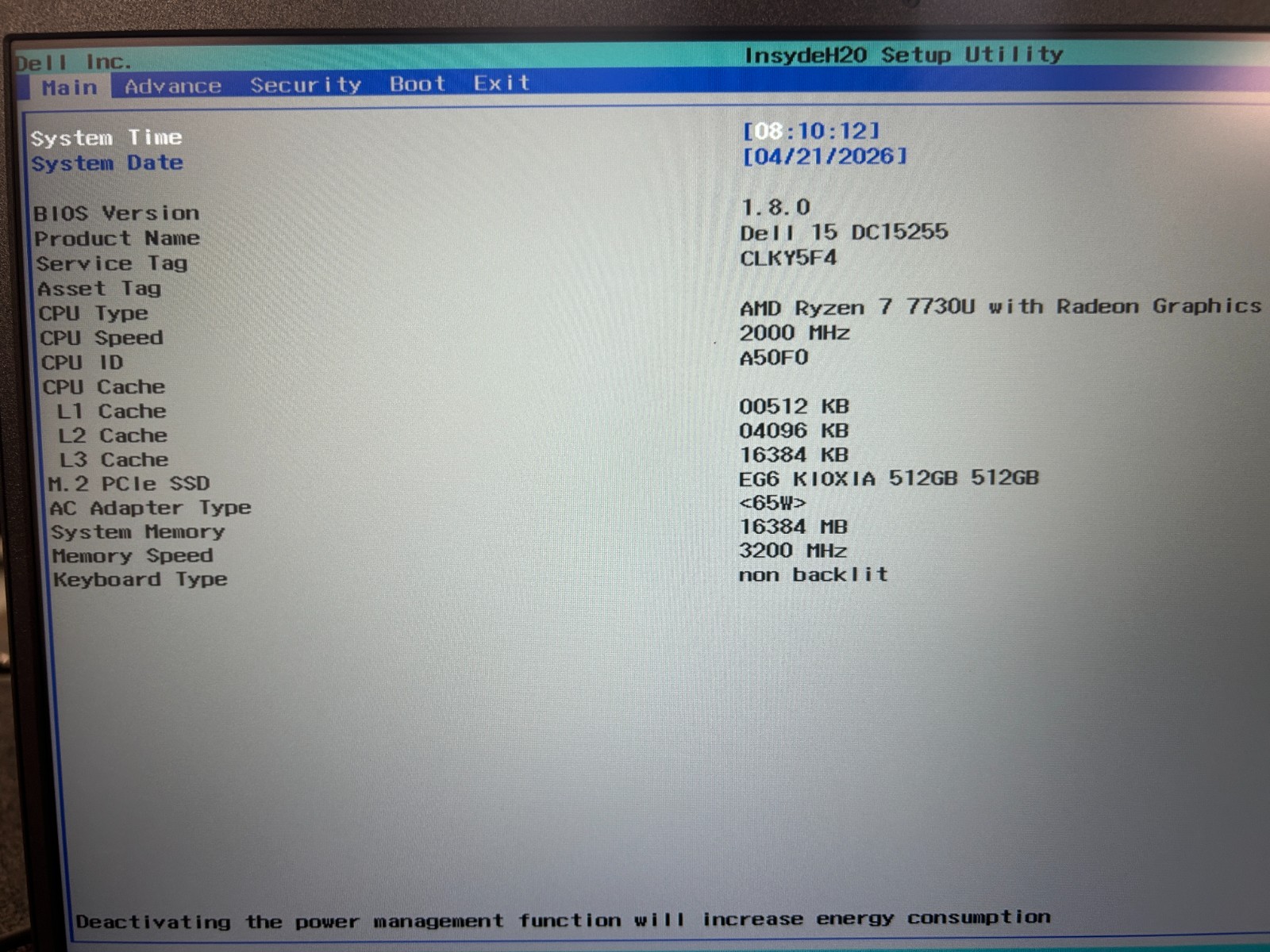 DELL 15 DC15255 G8MK9, AMD Ryzen 7 7730U, 2.00 GHz, 16 GB RAM, 512 GB NVMe
