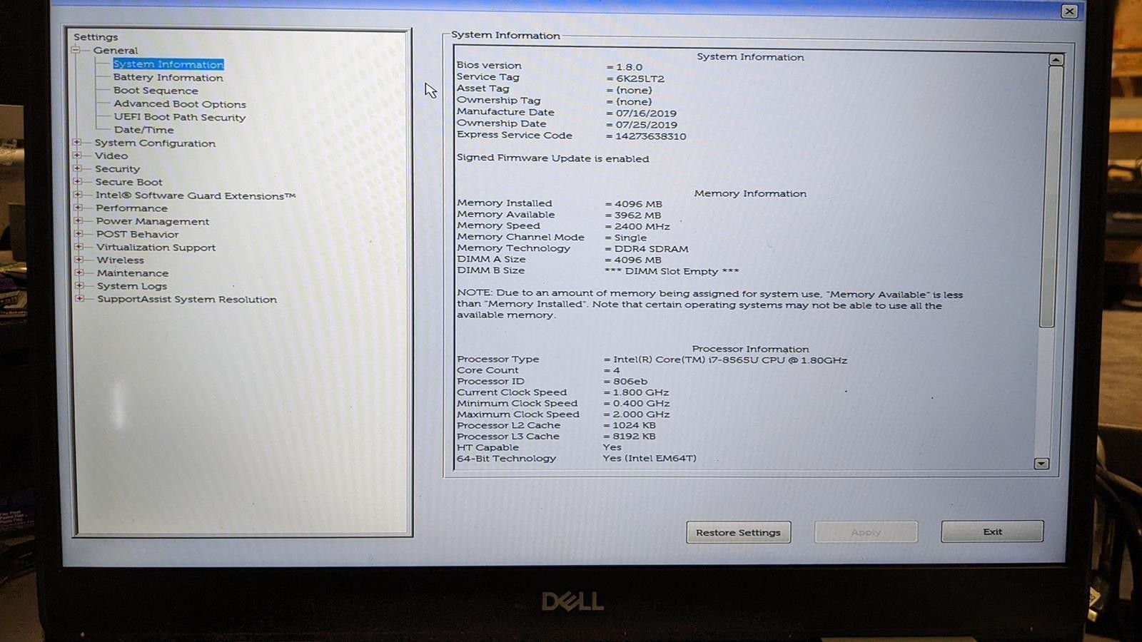 DELL INSPIRON 7580 i7-8565U @ 1.80GHz, 4GB RAM, NO HDD/OS – (FOR PARTS)