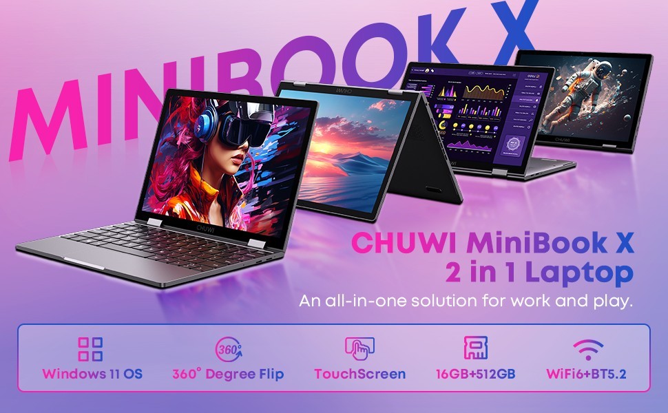 CHUWI MiniBook X 10.51″ Windows 11 Laptop Intel N150 up to 3.6GHz 16GB 512GB SSD