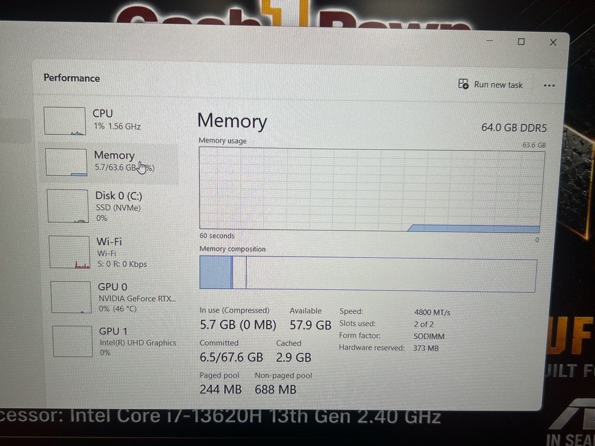 ASUS TUF F15 FX507VV i7-13620H RTX 4060 64GB RAM 1TB SSD (CP1126087)