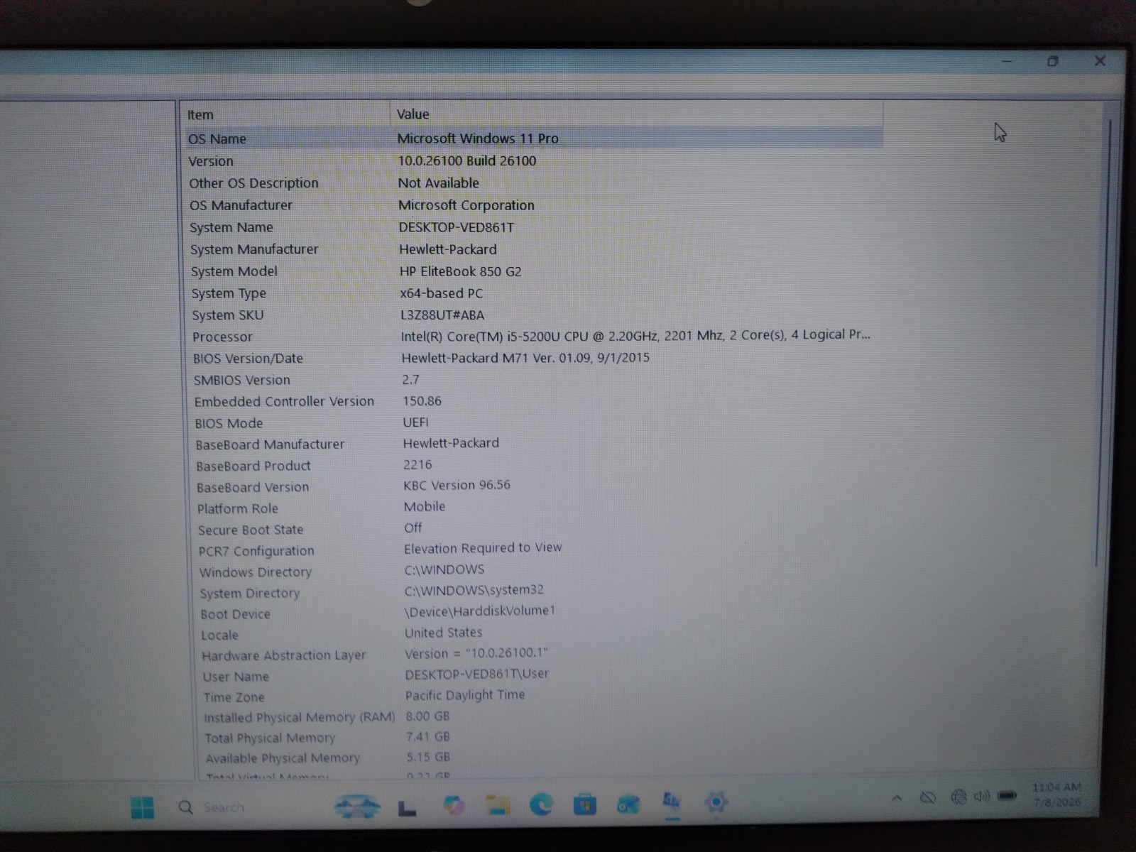 HP ELITEBOOK 850 G2 15.6″ CORE i5-5200U@2.20GHz 8GB RAM 1TB HDD Win 11 Pro