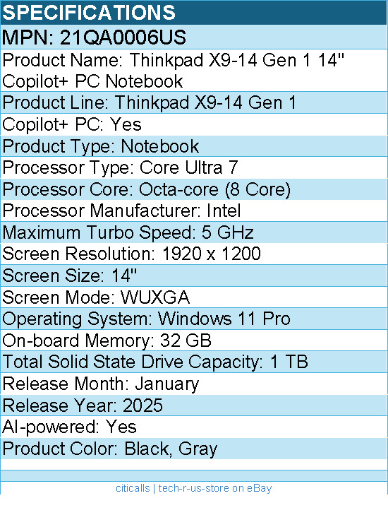 Lenovo 21QA0006US Thinkpad X9-14 Gen 1 14″ Copilot+ PC Notebook