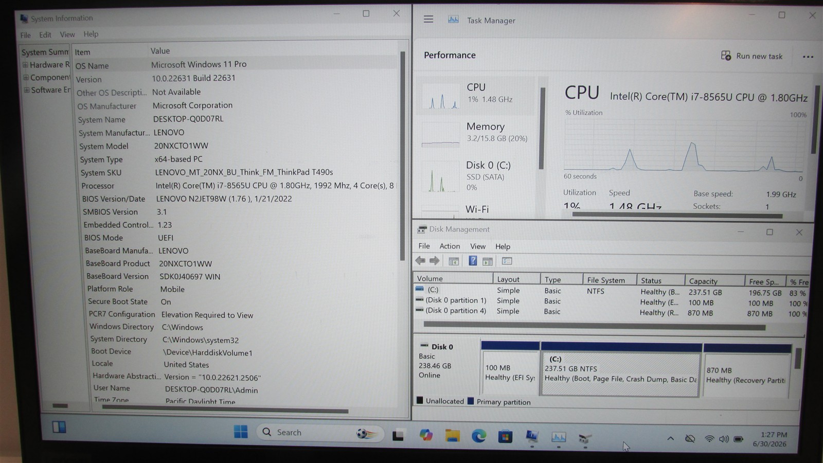 Lenovo Thinkpad T490s i7-8565U 1.8GHz 16GB RAM 256GB m.2 14″ Win 11 Pro MISS KEY