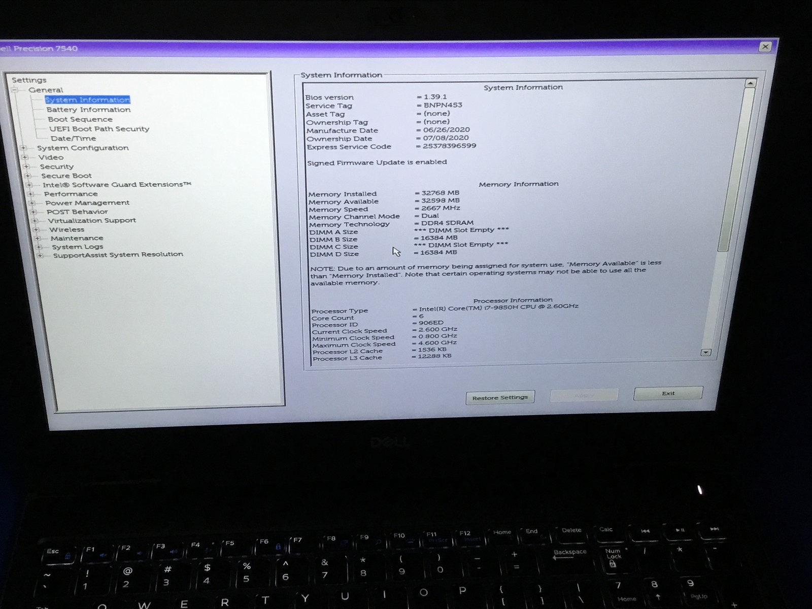 Dell Precision 7540 15.6″ Laptop I7-9850H@2.60 32GB RAM 250GB SSD BT CAM FHD