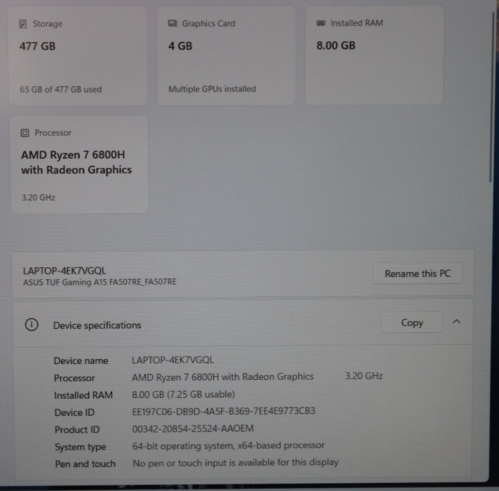 Asus TUF Gaming A15 15.6″ FHD Ryzen 7 6800H 8GB 512GB SSD RTX 3050Ti W11H