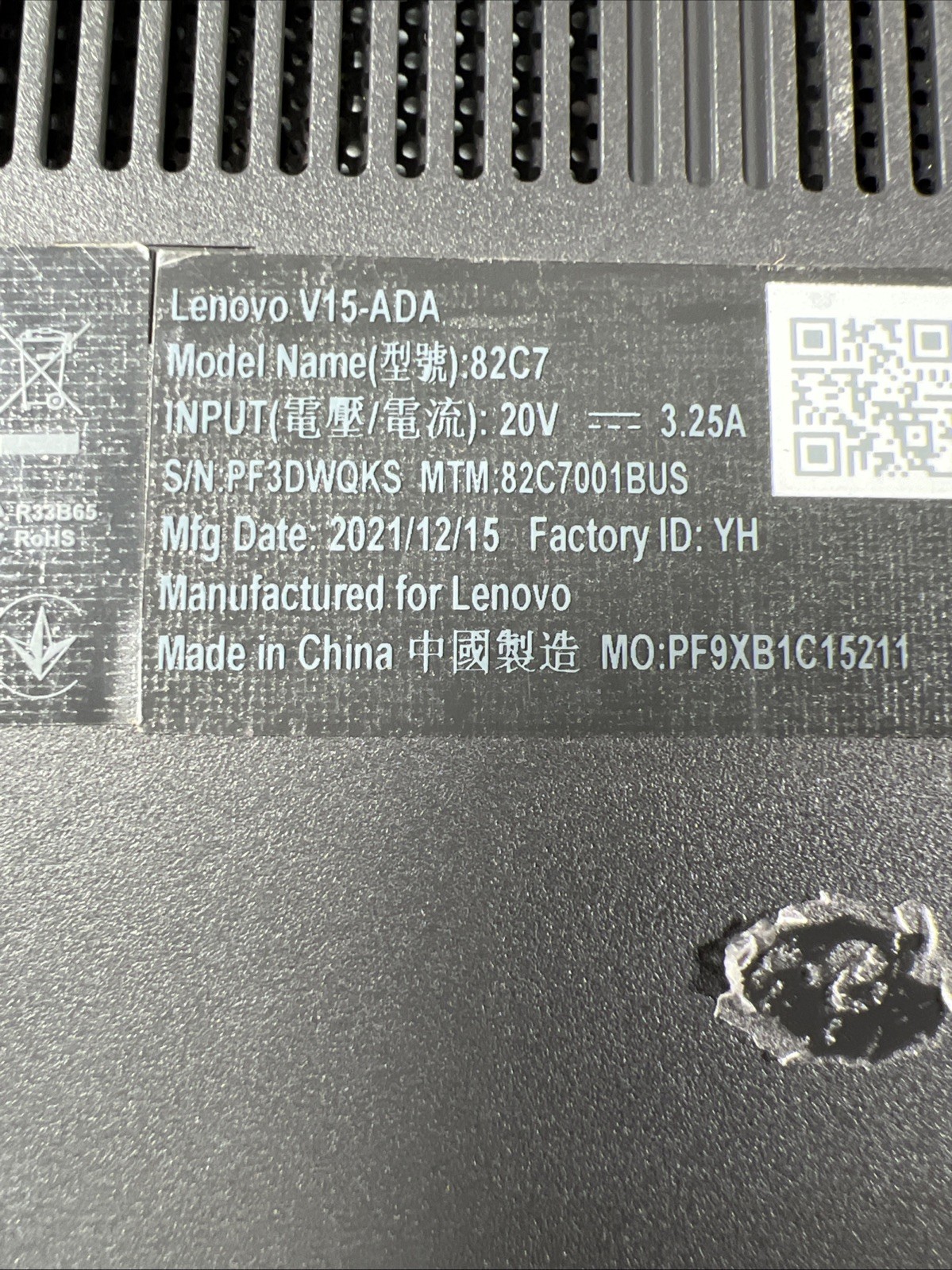 LENOVO V15-ADA AMD ATHLON GOLD 3150U 8GB RAM **NO HD/ NO CADDIE/ NO OS