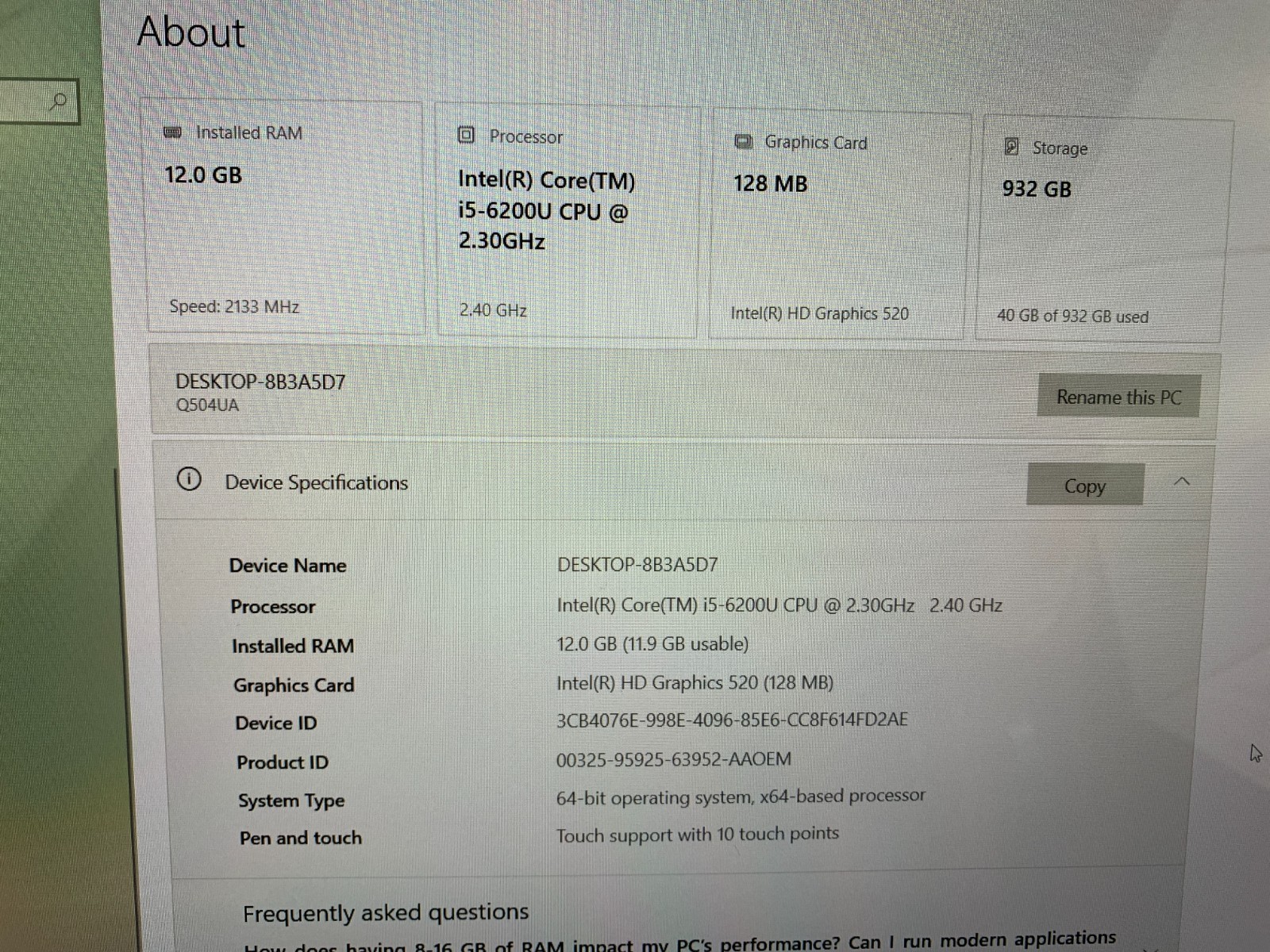 Asus Q504U Laptop, Intel Core i5-6200U 2.4GHz, 12GB RAM, 1TB HDD, Win10H