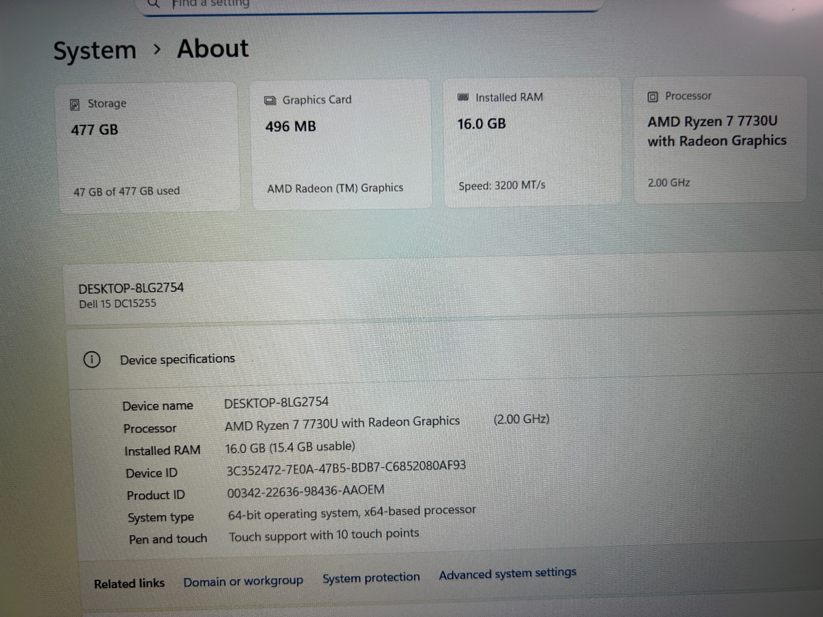 DELL 15 DC15255 G8MK9, AMD Ryzen 7 7730U, 2.00 GHz,, 16 GB RAM,, 512 GB NVMe SSD