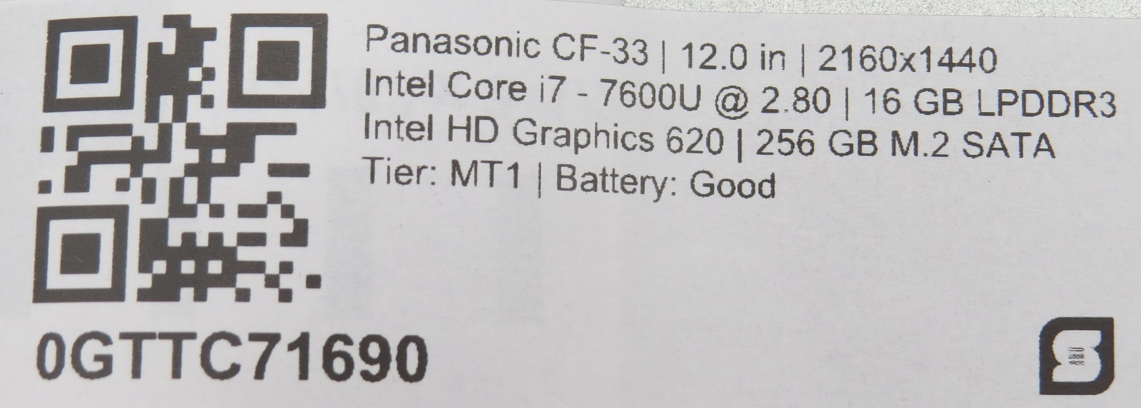 Panasonic CF-33 Toughbook i7-7600U@2.8 | 16/256GB SSD | 12″ Touch | No OS/AC