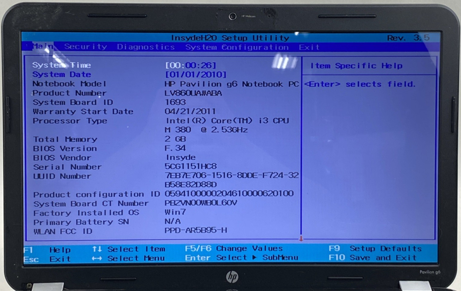 HP Pavilion g6 Core i3-M380 2.53GHz 2GB RAM 15.6″ No Battery No HDD No OS