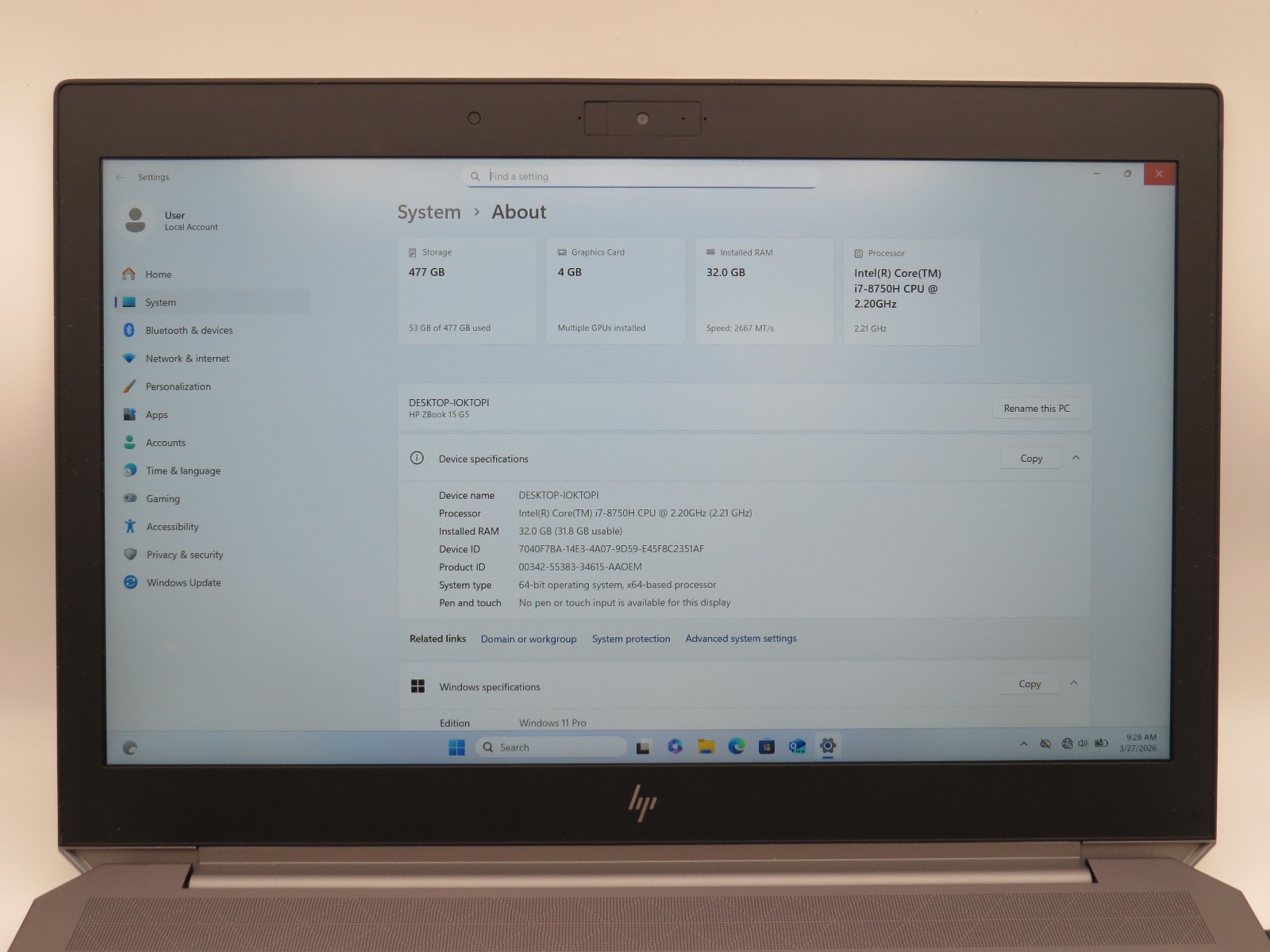 HP ZBook Studio G5 | i7-8750H | 16GB DDR4 | P1000 | 15.6″ l 256GB M2 | Win 11