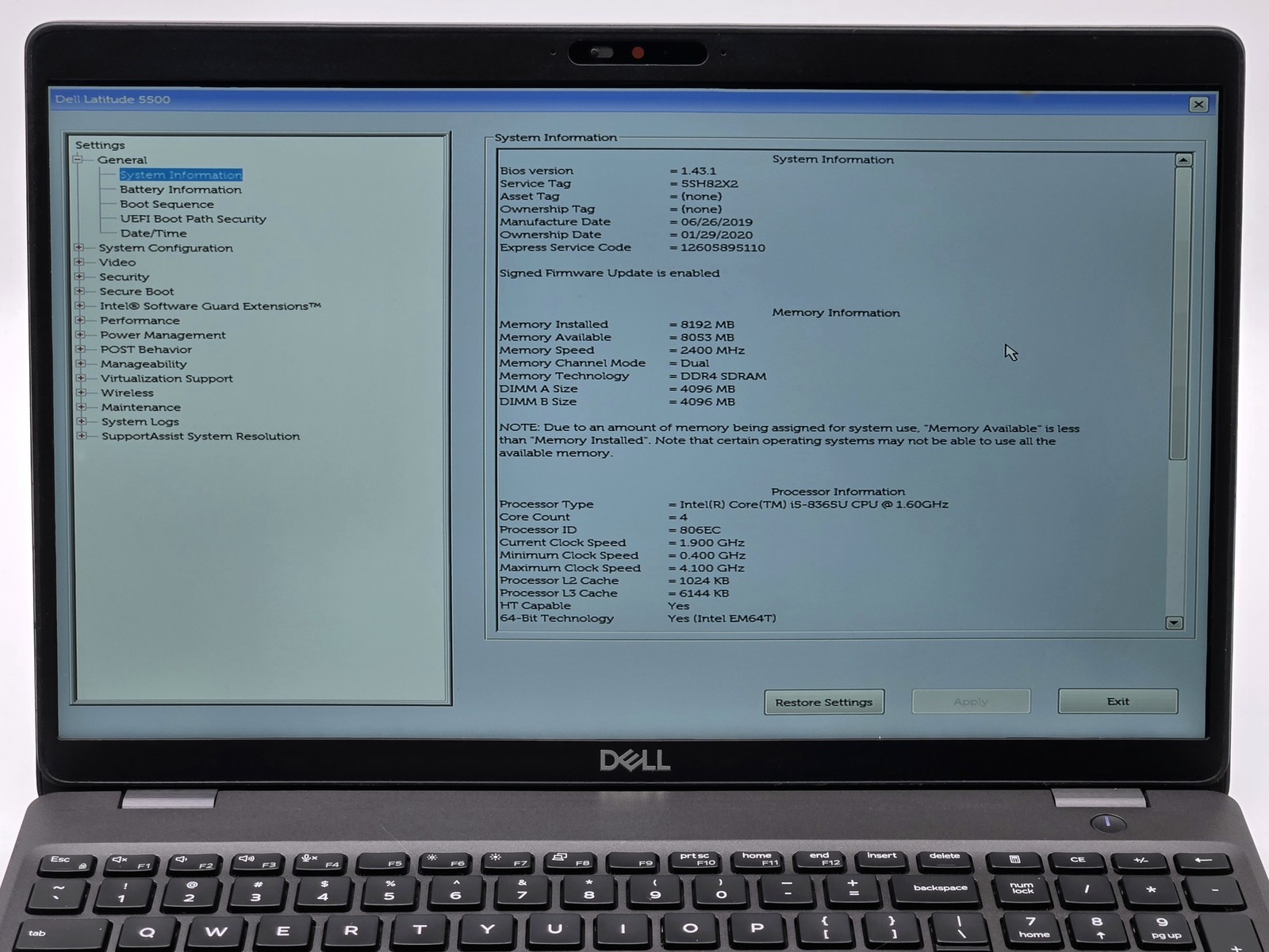 Dell Latitude 5500 15″ FHD I5-8365U 256GB SSD 8GB W11P Webcam