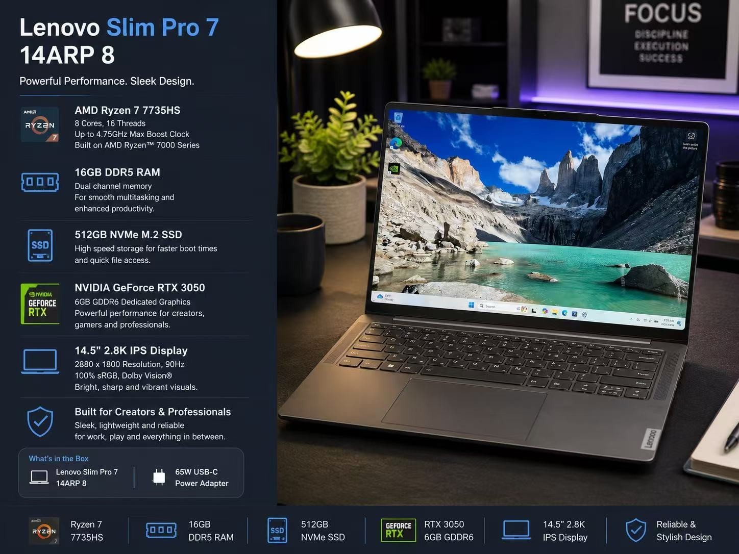 Lenovo Slim Pro 7 14ARP8 Touch Ryzen 7-7735HS 16gb DDR5 Ram 512gb SSD RTX 3050