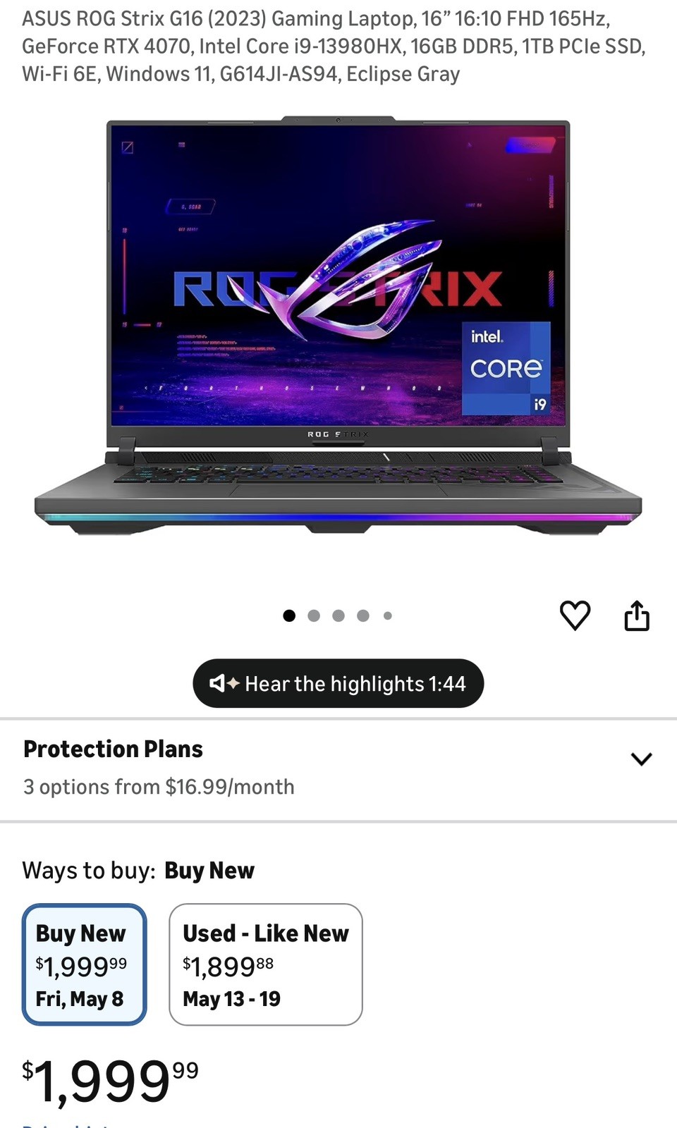 ASUS ROG Strix G16 i9-13980HX RTX 4070 16GB 1TB 165Hz Gaming Laptop