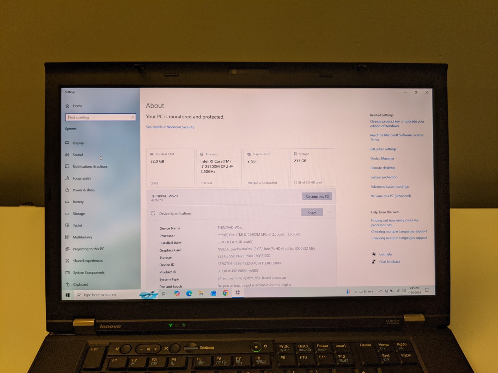 Lenovo ThinkPad W520 15.6” Laptop i7 Extreme 32GB RAM 250GB SSD Win 10 Pro