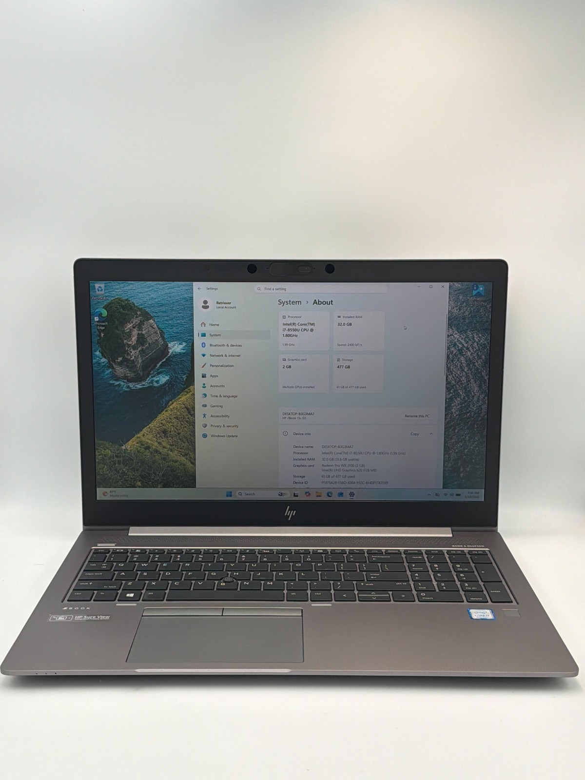 HP ZBook 15u G5 (2018) Intel Core i7-8550U CPU @ 1.80GHz 32GB RAM 512GB SSD